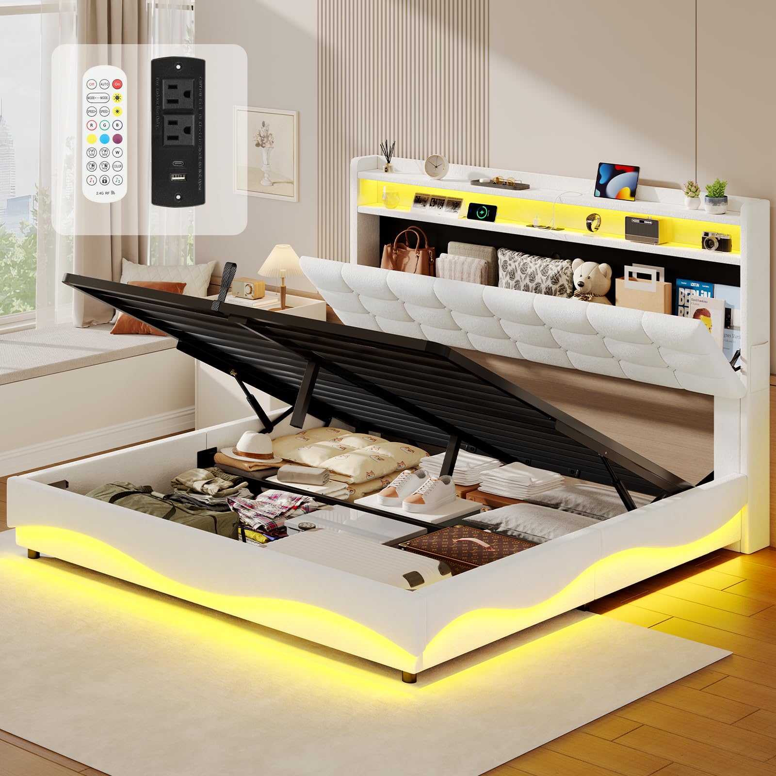 BTHFST Lift Up Queen Size Bed Frame with Power Outlet Type-C/A, Storage Headboard with Hidden Cubby, Shelves & RGB Lights, Velvet Upholstered Platform