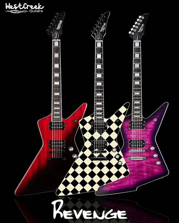 WestCreek Revenge Solid Body Electric Guitar, Heavy Metal Guitar, Right Handed, Heavy Metal Pickups, Rounded End Jumbo Frets, Bone nut, Rosewood Fretboard, Mahogany Body (Checker)