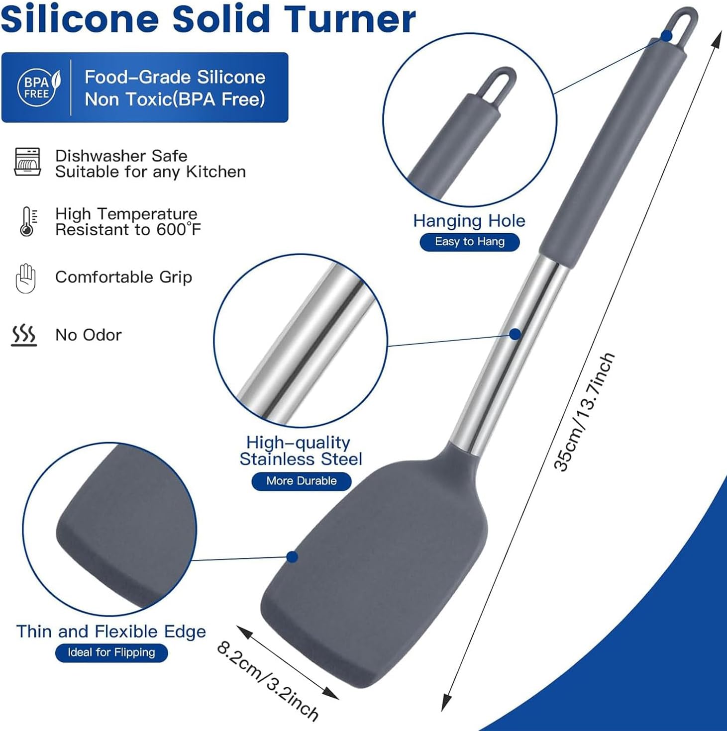 Pack of 2 Silicone Solid Turner,Non Stick Slotted Kitchen Spatulas,High Heat Resistant BPA Free Cooking Utensils,Ideal Cookware for Fish,Eggs,Pancakes (Gray)