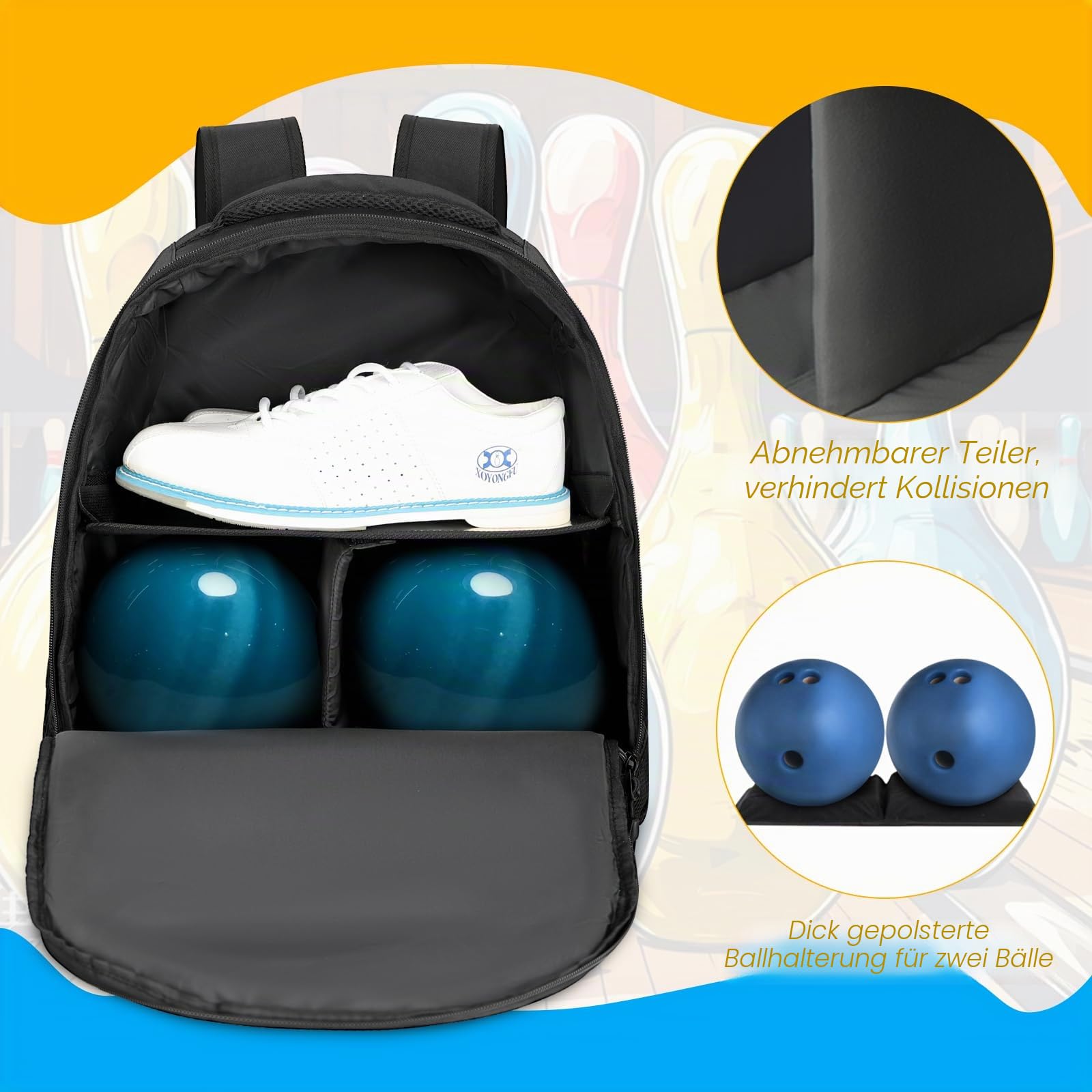Bowling-Rucksack mit 2 Bällen, Bowlingball-Tasche mit Schuhfach und portektiver Schaumstoffpolsterung, passend für Schuhe bis Größe 44