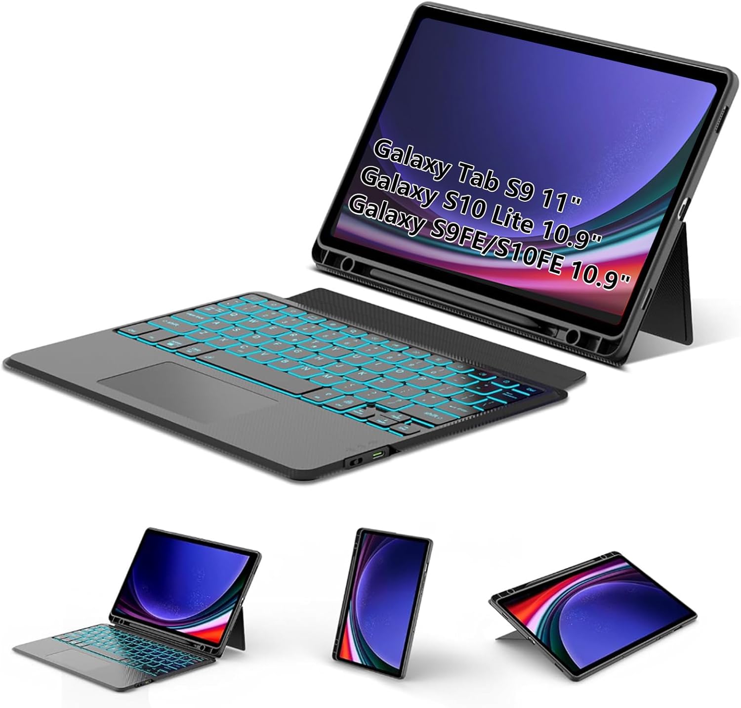 Trackpad Keyboard Case for Samsung Galaxy Tab S9 11"/S9 FE 10.9" 2023/S10 FE 10.9"/S10 LITE 10.9" 5G 2025, Magnetic S9 FE Tablet Portable Stand Cover Detachable Wireless 7-Color Backlit Keyboard Black
