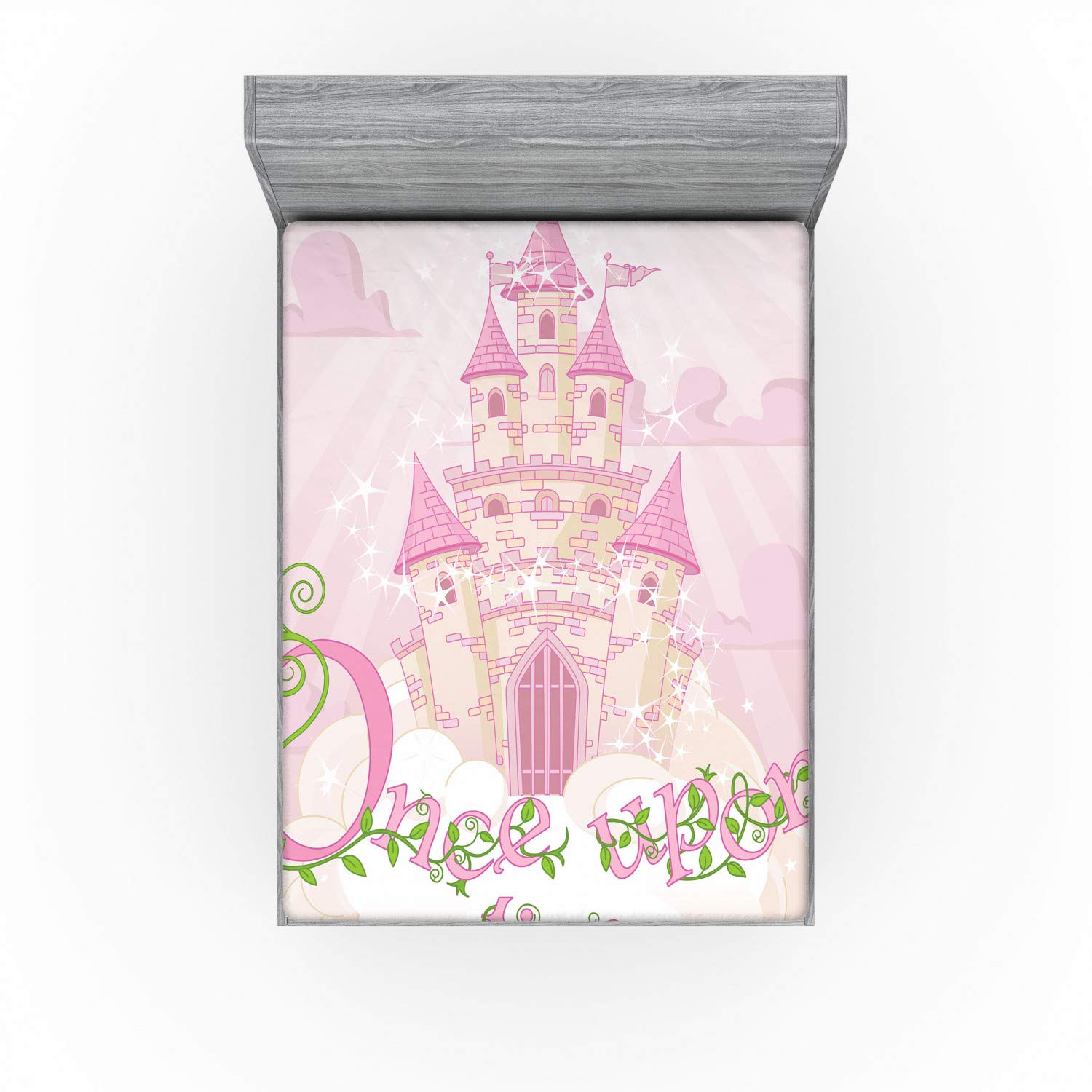 Ambesonne Once Upon a Time Fitted Sheet, Cartoon Castle on Sky Clouds Surreal Dream World Girls Story, Bed Cover with All-Round Elastic Pocket for Comfort, California King, Cream Green