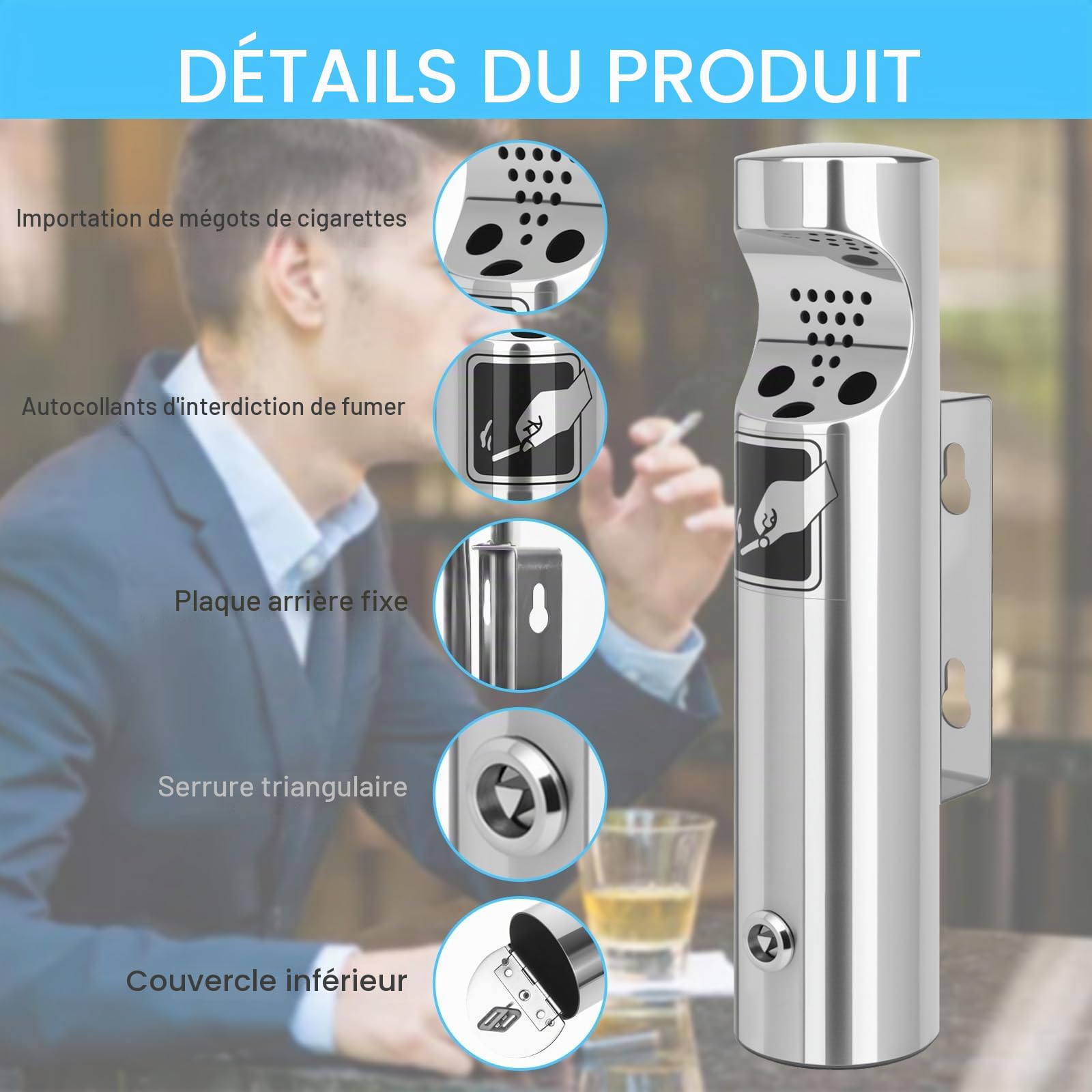 Cendrier mural pour extérieur, 28,5 x 6,5 cm, en acier inoxydable, avec matériel de montage, clé, résistant aux intempéries, pour terrasse, jardin, bureau, hôtel, rue