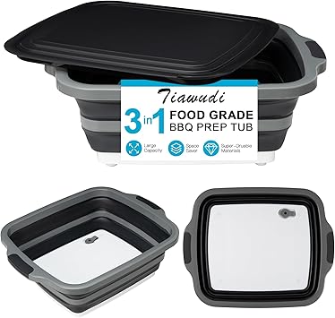 Tiawudi Large Collapsible BBQ Prep Tub with Lid4.22 Gal/16L, Foldable Camping Sink with Colander, Cutting Board, Dish Basin for Kitchen, Bowl, Vegetable and Fruit, Storage Basket for Picnic