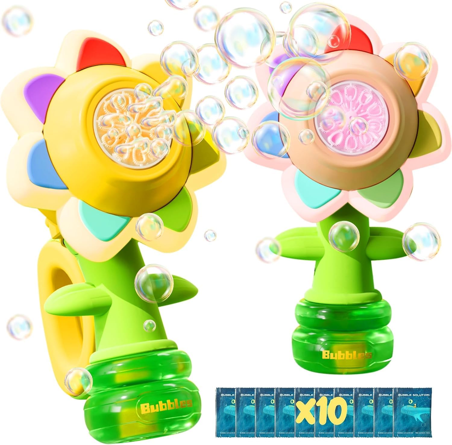 2 Pack Rechargeable Flower Bubble Guns for Kids W/LED Lights & 10 Refill Solutions, Fun Swing Dance Bubble Maker Machine Blower Blaster Toys,Outdoor Summer Play, Easter, Birthday Party Favors & Gifts.