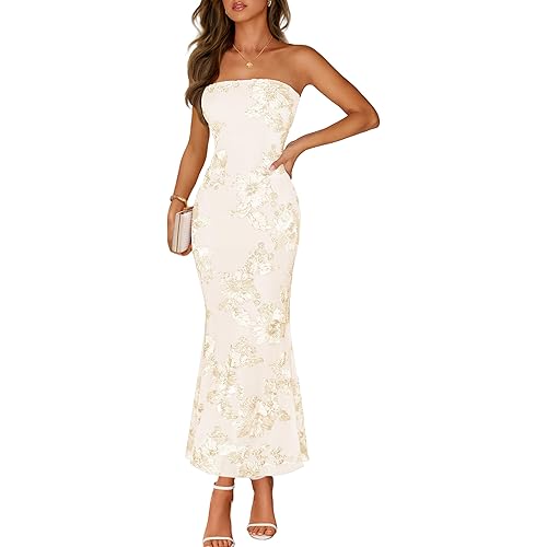MEROKEETY Women's Floral Strapless Maxi Dress 2026 Summer Mesh Tube Bodycon Formal Wedding Guest Cocktail Party Long Dresses