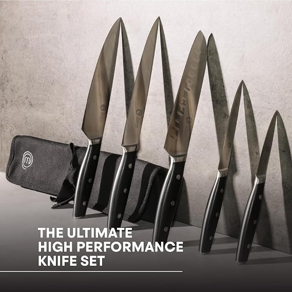 MasterChef Chef Knife Set with Bag, Professional Chef Knives x 5 with Knife Roll Bag, Premium Kitchen Knife Set with High Carbon Stainless Steel Blades & Triple Riveted Handles for Precision Cooking
