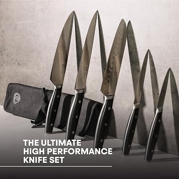 MasterChef Chef Knife Set with Bag, Professional Chef Knives x 5 with Knife Roll Bag, Premium Kitchen Knife Set with High Carbon Stainless Steel Blades & Triple Riveted Handles for Precision Cooking