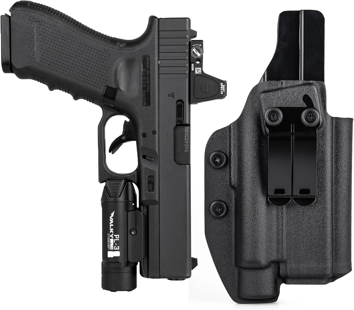 G19/G17 Holster with Light, IWB Kydex Holster for Glock 17 19 19X 22 23 31 32 44 45 with Olight PL-2/ PL-Pro/PL-3/ PL-3R/ PL-3S Valkyrie Flashlight Red Dot Optic Cut, Inside Waistband Concealed Carry