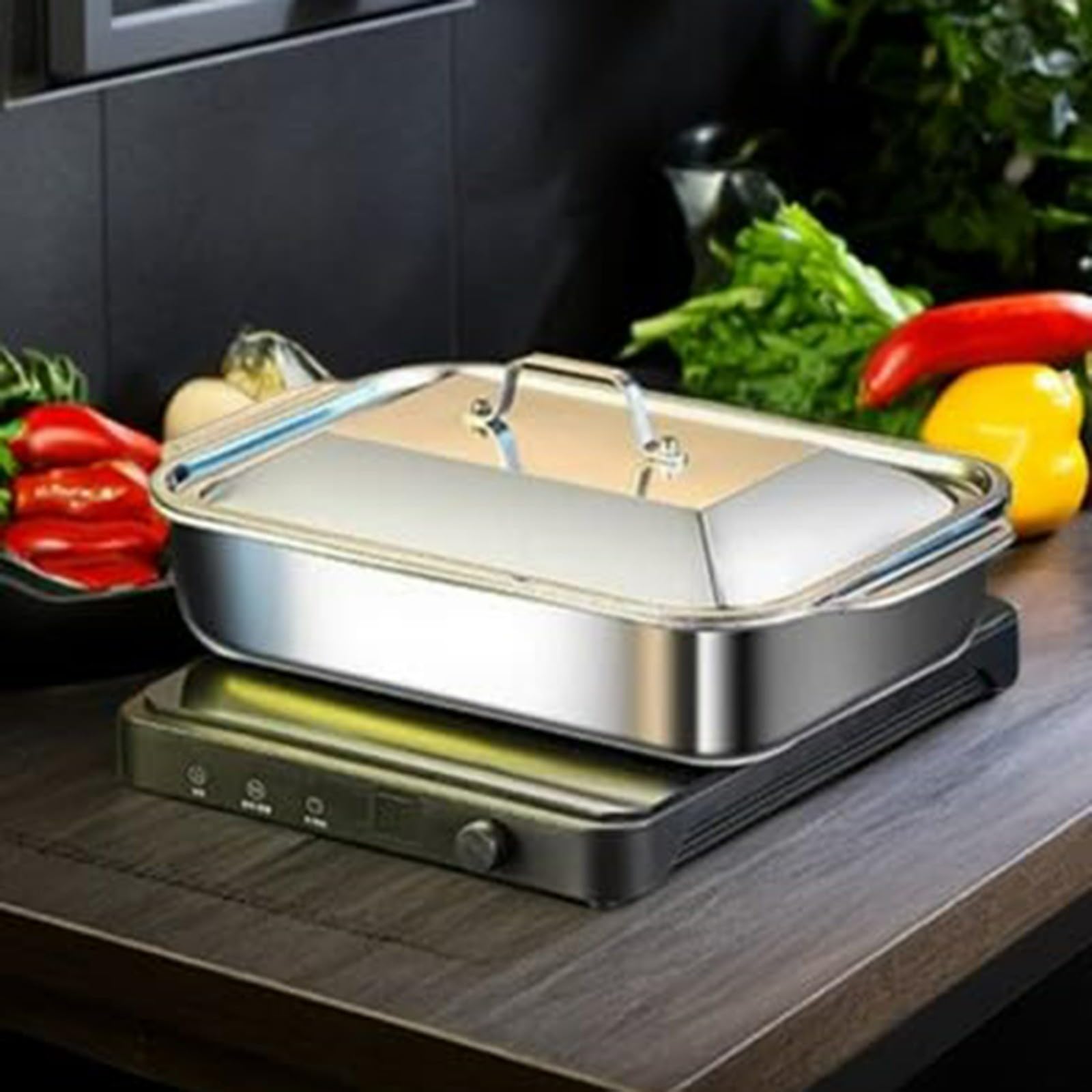 Teglia da forno in acciaio inox con coperchio, 45,7 x 28,7 cm, con manici freddi al tatto, per torte, brownie, lasagne, casseruole e arrosti (41)