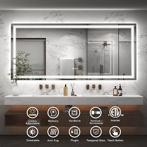 Miniatura 2 de Espejo de baño LED para pared de 72 x 40 pulgadas, espejo de tocador grande iluminado con luces, regulable, antivaho, a prueba de roturas, luces