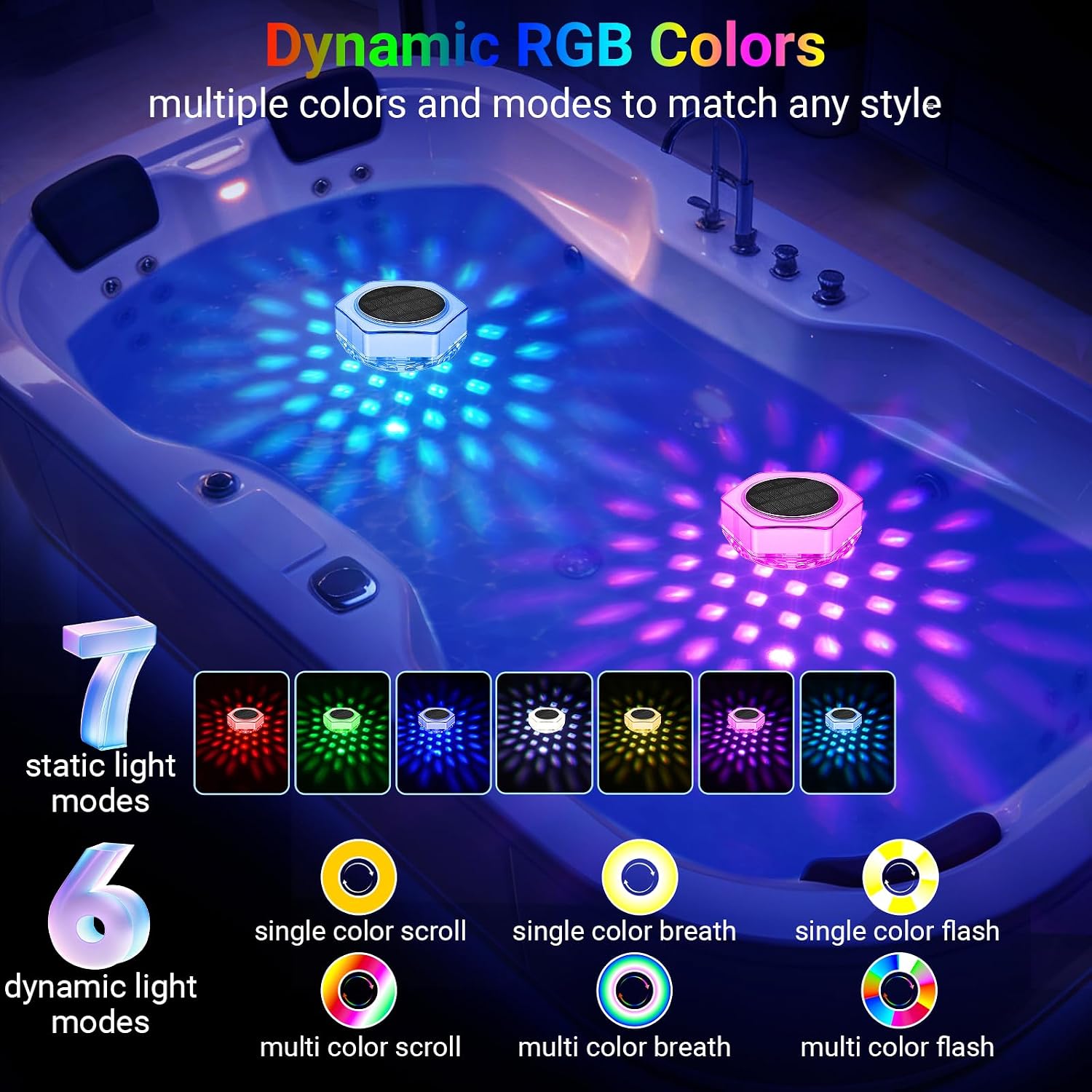 Solar Floating Pool Lights: Solar Pool Lights That Float with Remote, 7 Lighting, RGB 6 Dynamic Modes, IP68 Waterproof Swimming Pool Lights for Inground Pool Bathtub Party Garden Weeding (2 Pack)