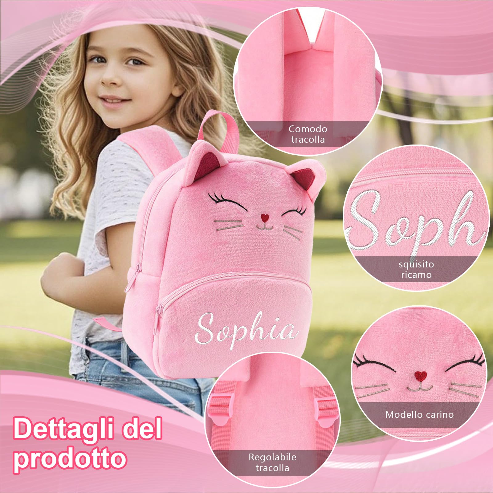 Generico Zaino Asilo Personalizzato con Nome, Zaino per Bambini e Bambine a Forma di Gatto, Mini Zaino Leggero per Asilo Nido, Scuola Materna e Viaggio (Rosso)