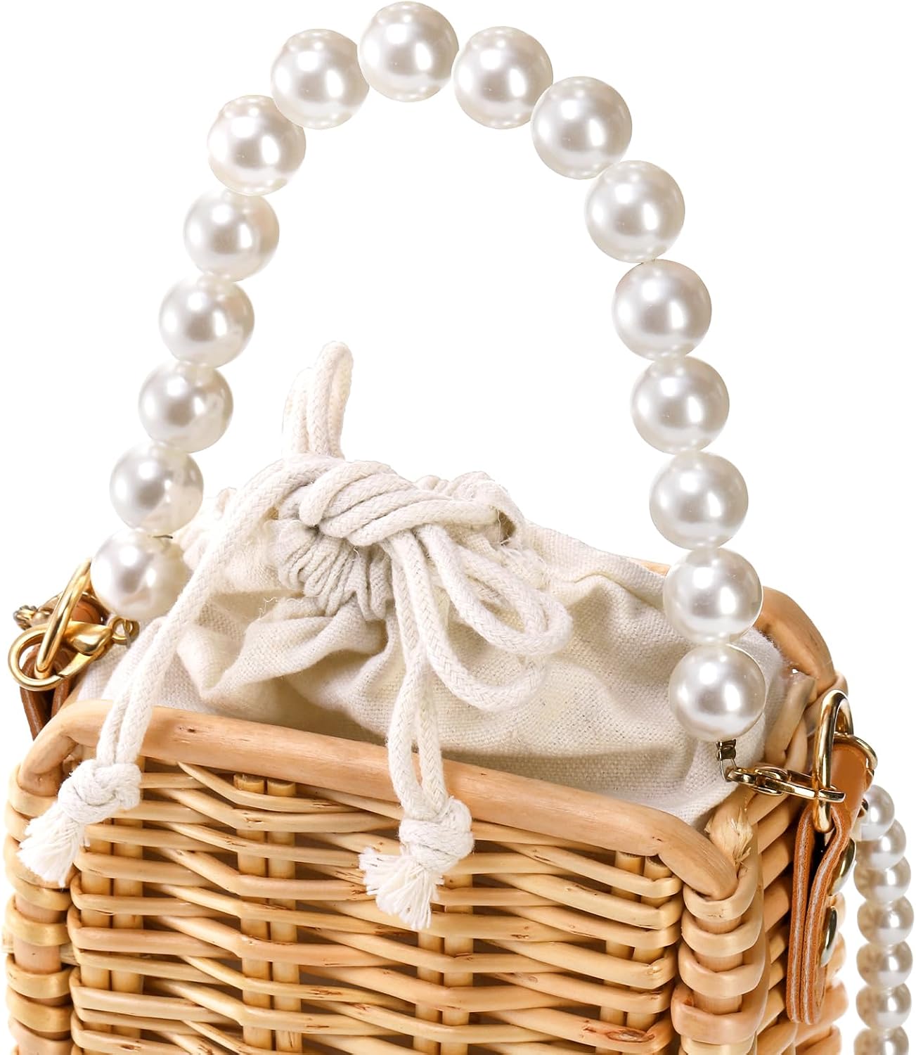 Pearl Basket Purse, Handwoven Rattan Beach Bag For Women, Rectangular Wicker Handbag, Vintage Summer Straw Tote Bag - Image 5