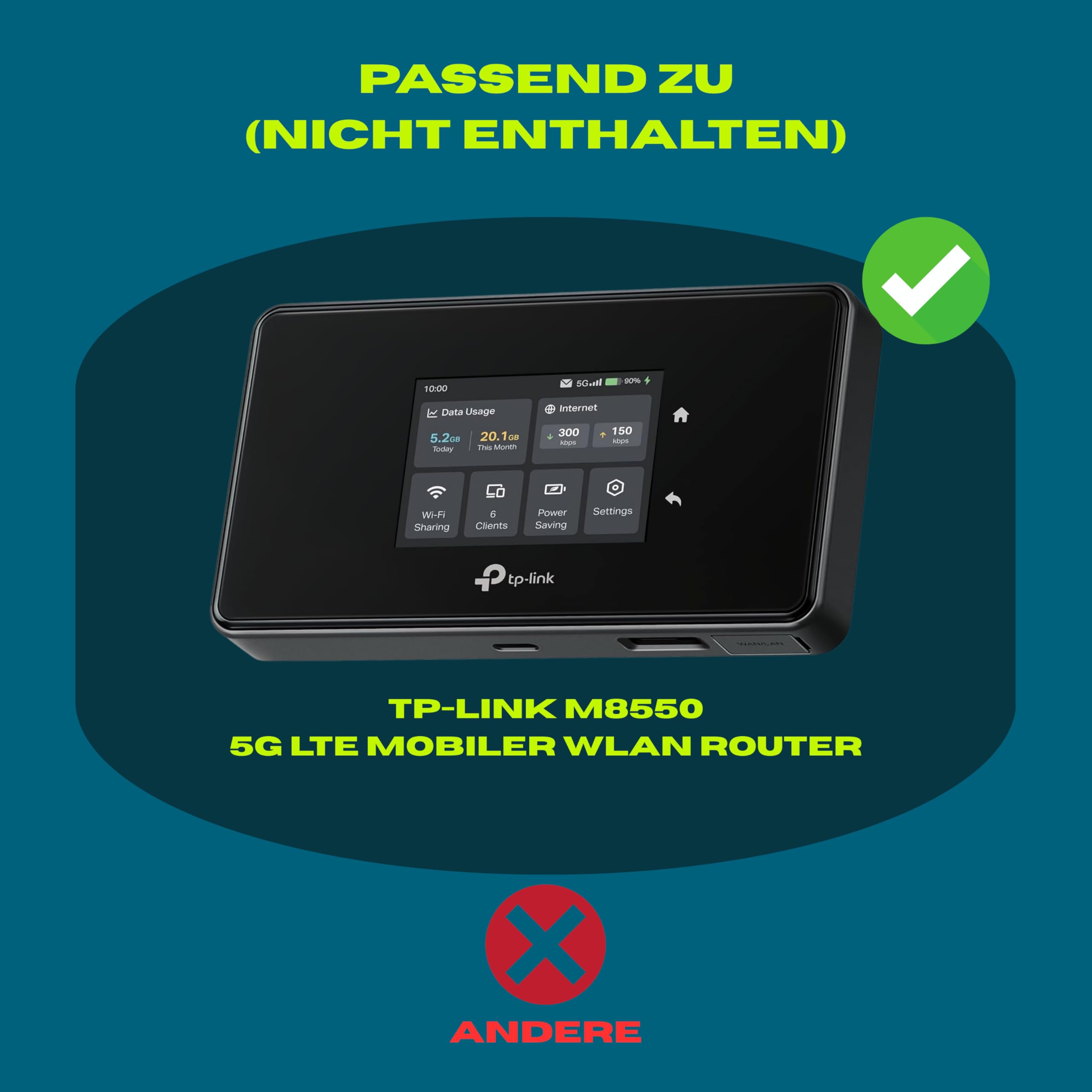 Soporte de pared para router TP-Link M8550 5G, montaje en pared y mesa, o en caravanas de plástico negro, fabricado en Alemania.