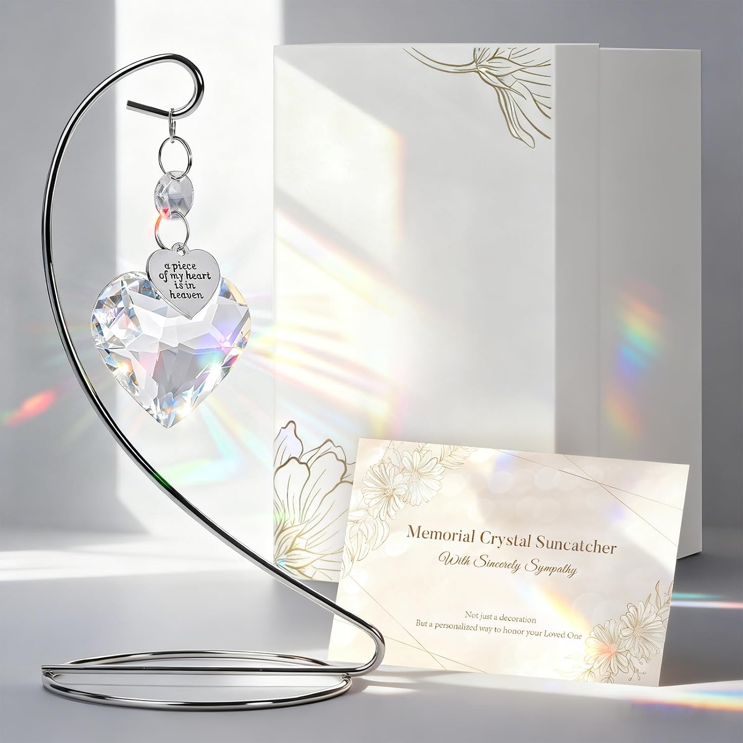 Memorial Crystal Suncatcher, IDEA SHOW Tabletop Suncatcher Bereavement Gift Idea, Sympathy Gifts for Loss of Loved One, Crystal Rainbow Prisms Maker Remembrance Ornament for Home Decor (Heart)