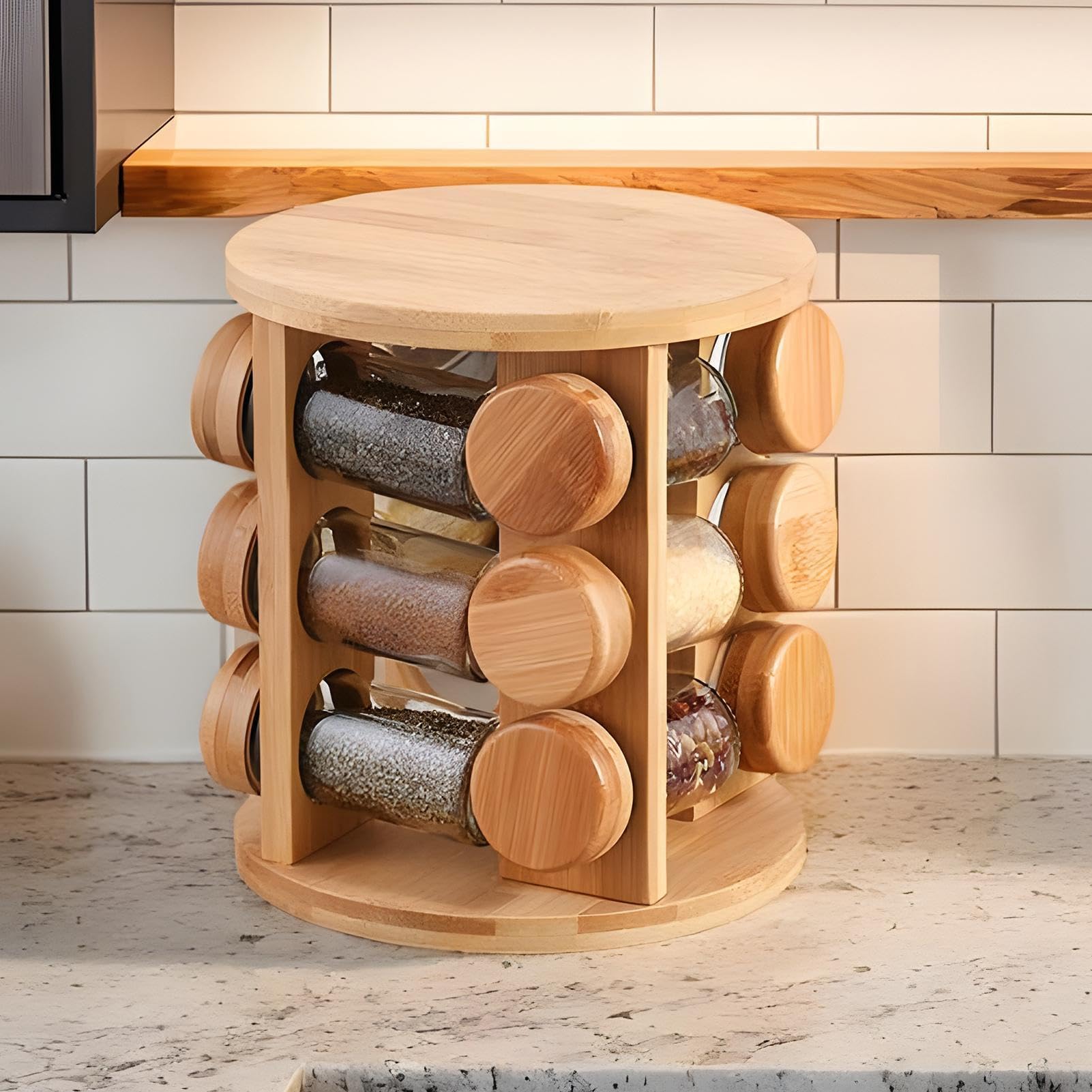 Estante de especias giratorio para tu - Soporte para tarros de especias de madera para | Organizador de tarros de azúcar - Adecuado para mostrador de despensa gabinete comedor apartamento entusiastas