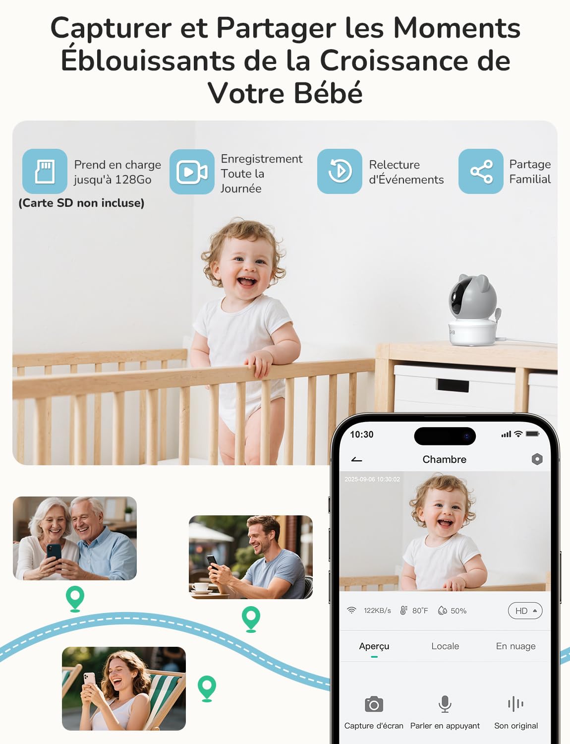 GHB Babyphone Camera 2K Camera Bebe Surveillance 5" Rotation à 350° avec Application Telephone Suivi Automatique Alertes Intelligente des Pleurs/Movements Zoom 4X Détection de Température/Humidité
