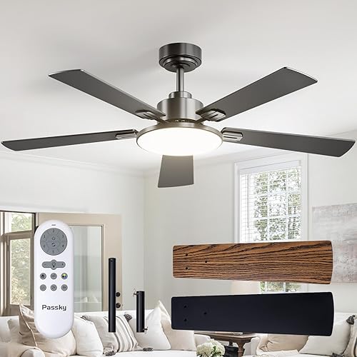 Ceiling Fans with Lights, 52 inch Sleek Ceiling Fan with Light and Remote Control, 3CCT, Dimmable, Reversible, Noiseless, Black Ceiling Fan for Bedroom, Living Room