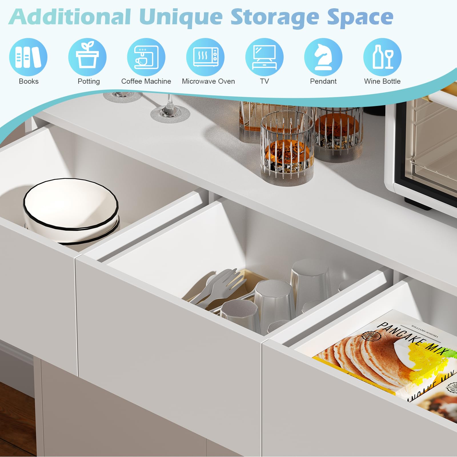 Armadio da cucina con illuminazione a LED, armadio alto a buffet, 170 cm, multiuso, con presa e 3 cassetti, scomparto aperto, da cucina, da bagno, da 170 x 100 x 38,5 cm, bianco