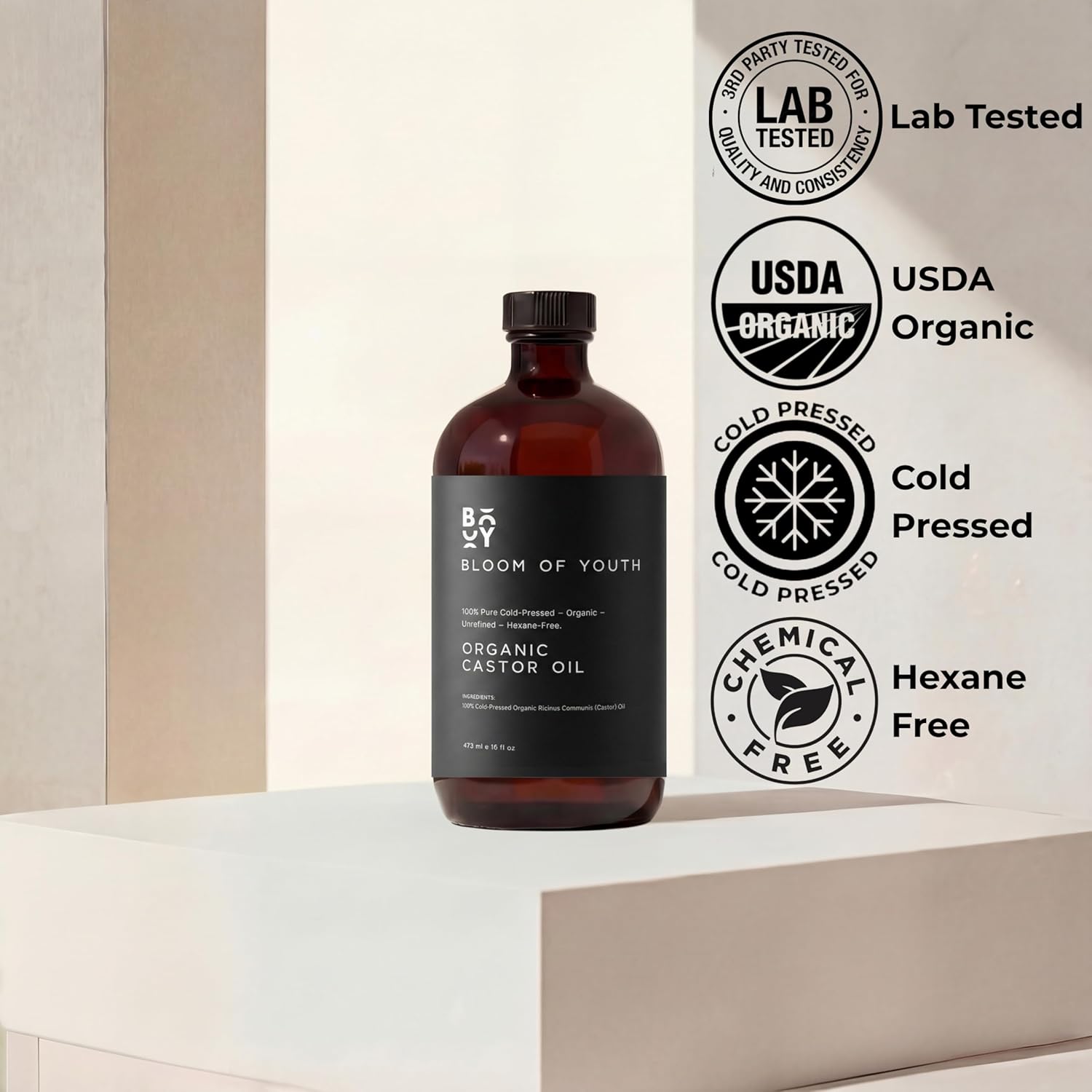 100% Pure Cold Pressed Organic Castor Oil, Glass Bottle 16oz | Hexane Free, Unrefined, USDA Certified | For Hair, Skincare, Castor Oil Pack, Face, Joints, Carrier Oil, Eyelashes, Eyebrows - Image 3