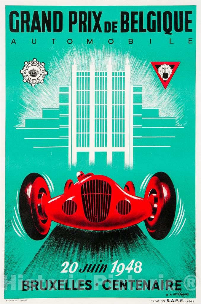 Historic Pictoric Grand Prix Belgique Bruxelles Centenaire 1948-16in x 24in Vintage Belgian Poster Print