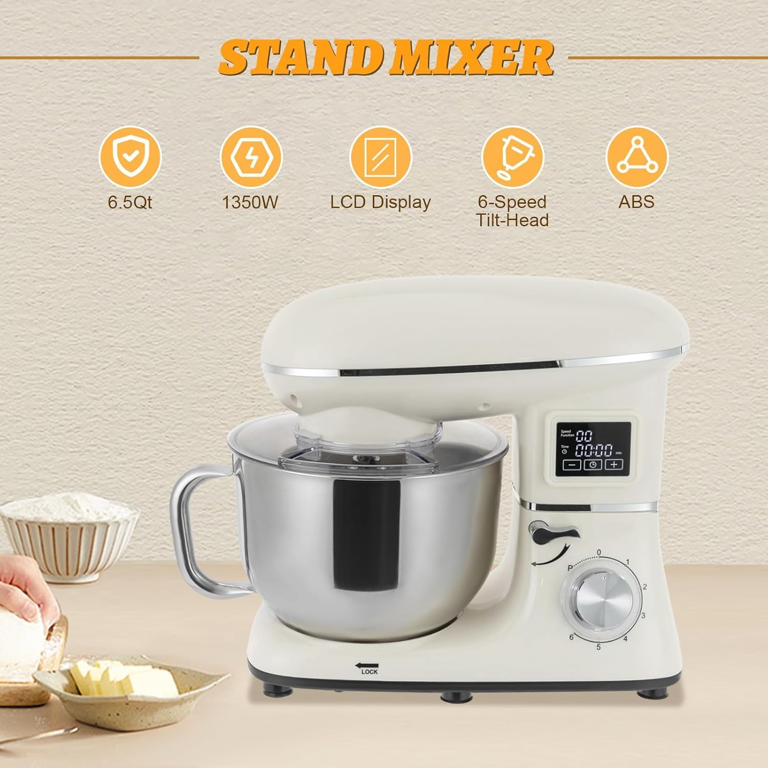 Stand Mixer, 6.5Qt Electric Food Mixer, 1350W 6-Speed Tilt-Head Food Mixer w/Douch Hook, Beater and Whisk, Dough Machine with LCD Display, Food Processor for Kitchens