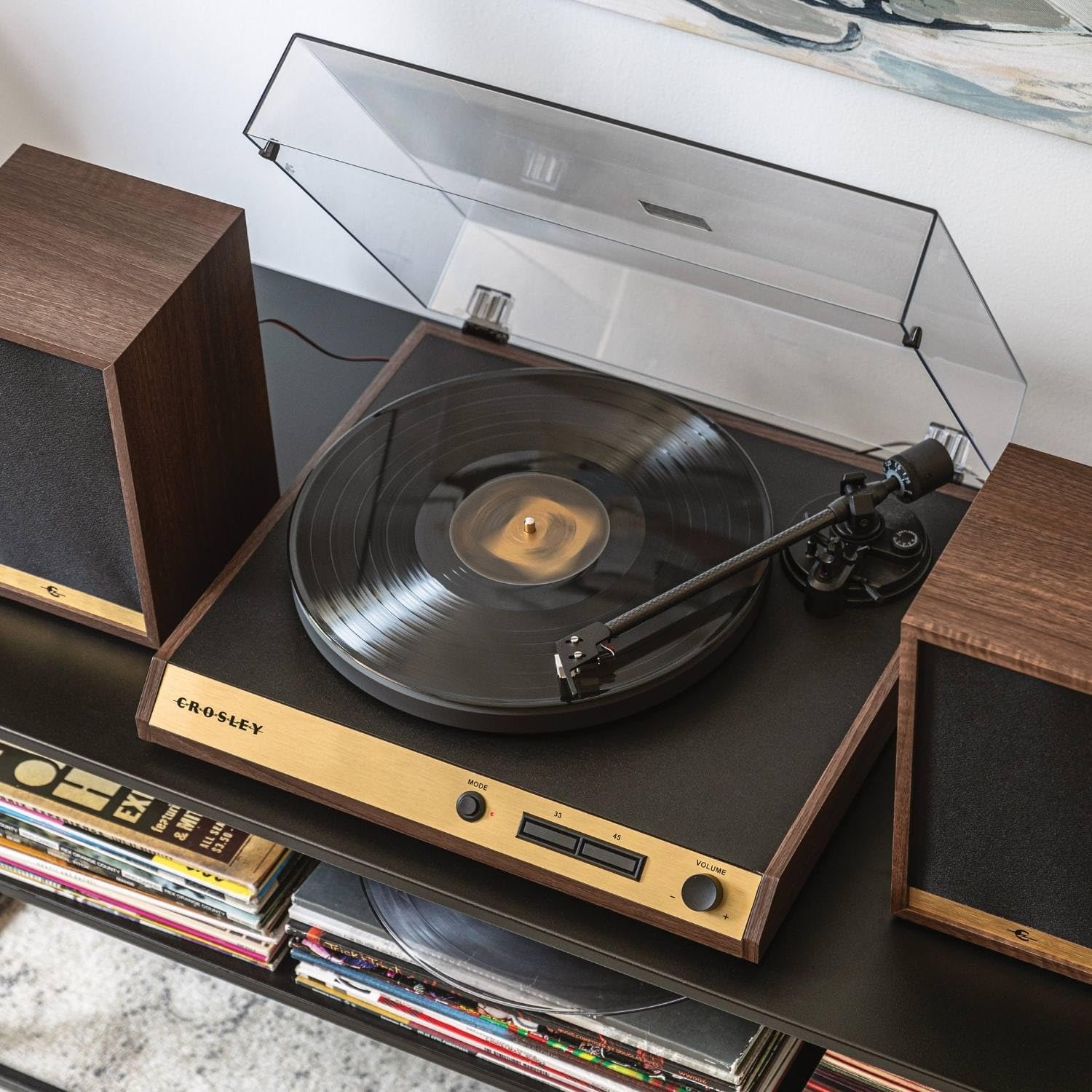 Crosley C72 Tourne-Disque avec Haut-parleurs – Tourne-Disque Bluetooth avec Haut-parleurs d'étagère de 60 W, Lecteur Vinyle Facile à Installer avec Couvercle Anti-poussière, système d'étagère,