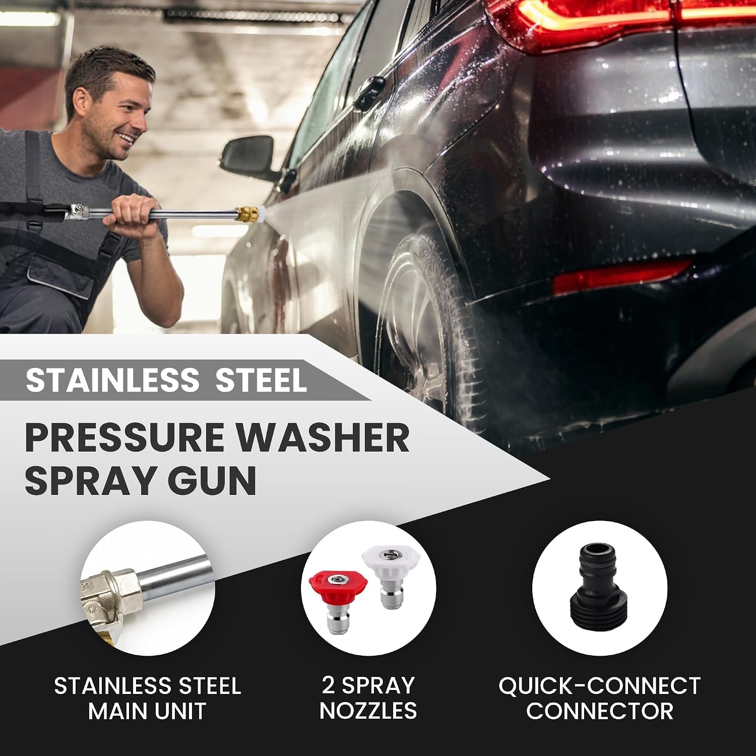 Upgraded High Pressure Jet Hose Nozzle, Stainless Steel Car Wash Spray Gun with Brass Valve, 2 Spray Nozzles, Garden Hose Quick Connect