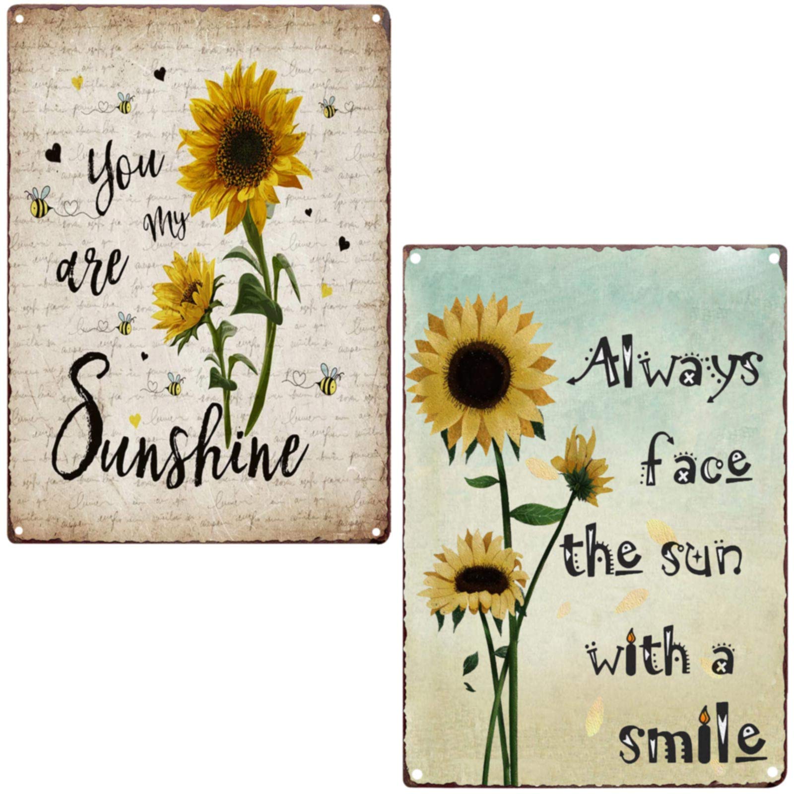 You Are My Sunshine & Always Face the Sun with A Smile Retro Vintage Tin Bar Sign Sunflower Farmhouse Bathroom Decor 2Pcs-8X12Inch