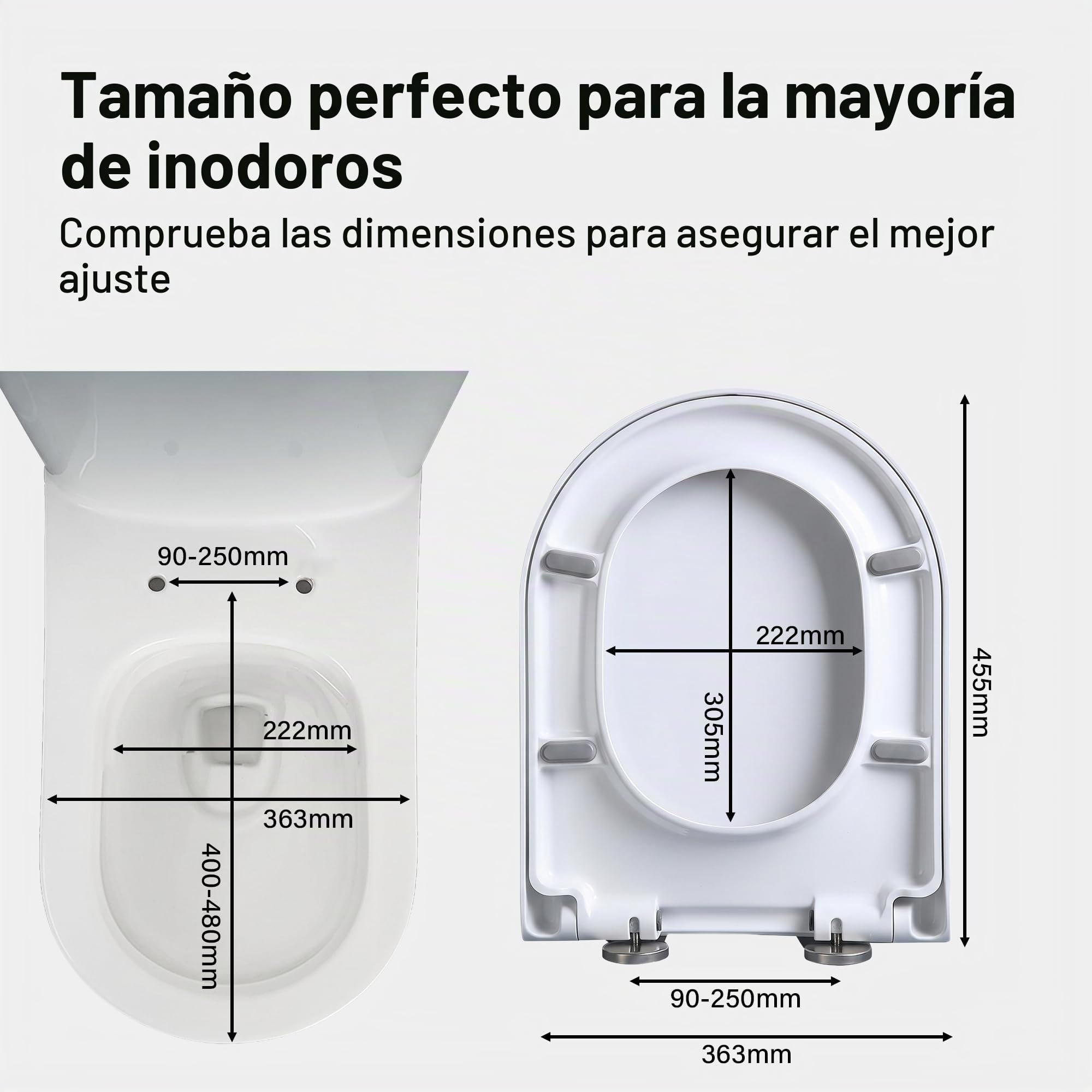 Asiento de inodoro en forma de D, asiento de inodoro blanco de cierre suave con bisagra ajustable de acero inoxidable, liberación rápida, fácil fijación superior, funda antibacteriana para baño