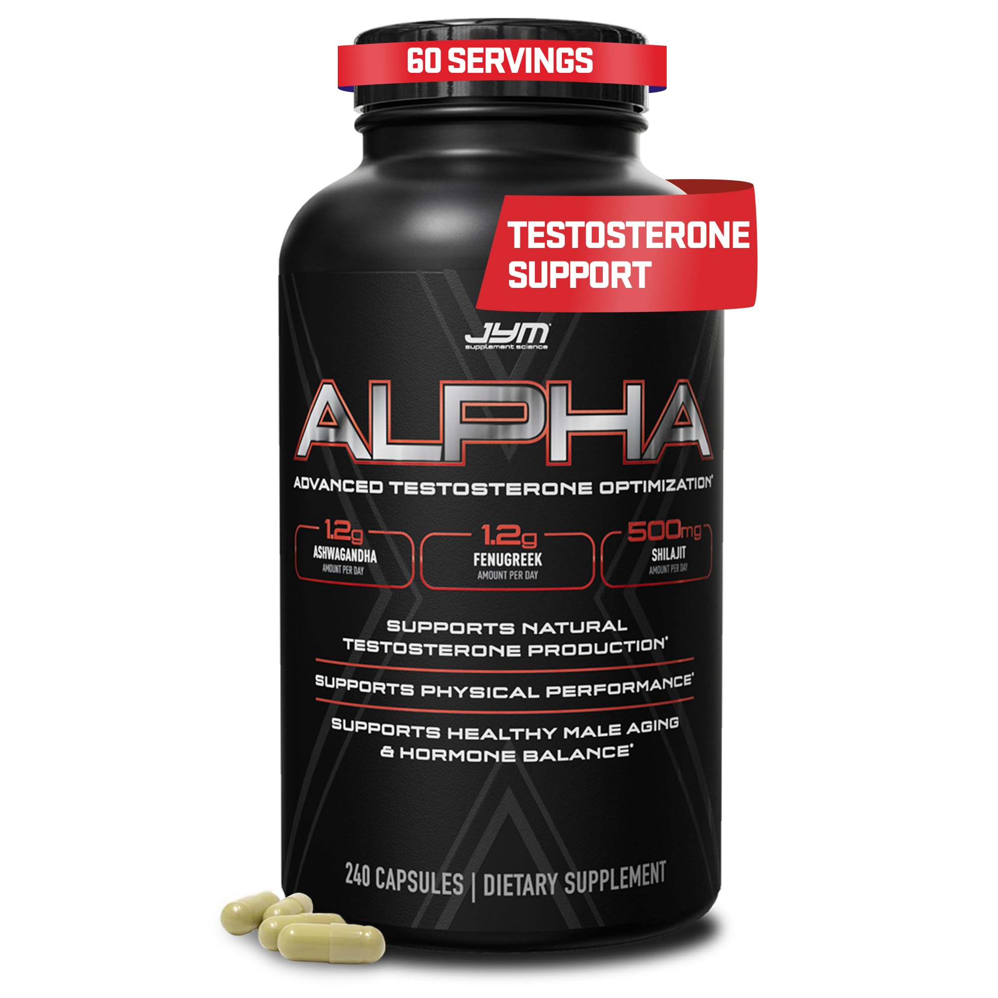 JYM Supplement Science Suplemento para homens com Tongkat Ali, Ashwagandha e Shilajit — 100 mg, 600 mg e 250 mg — 240 cápsulas