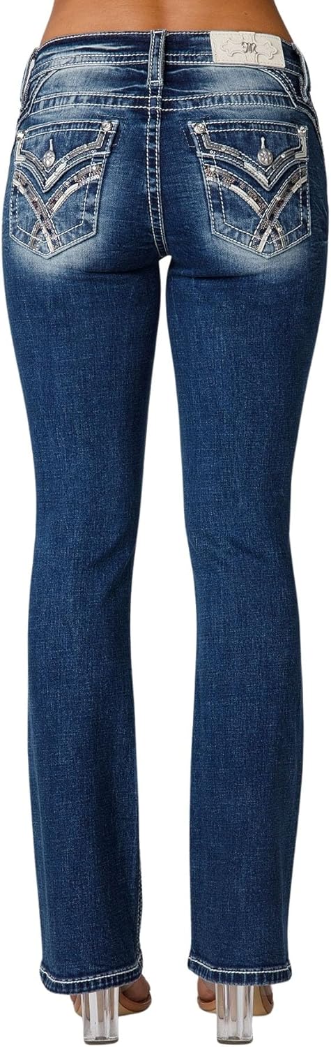 Miss Me Women's Muted X Embellished Faux Flap Pockets Mid-Rise Bootcut Jeans