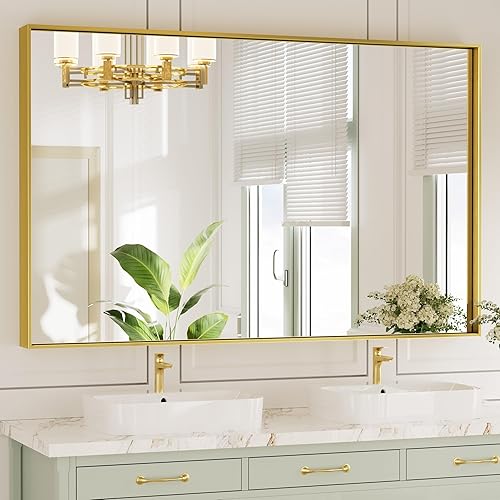 Miniatura 9 de TETOTE Espejo de baño dorado cepillado de 24 x 36 pulgadas, espejo rectangular de metal dorado con marco de tocador de baño, moderno espejo de pared