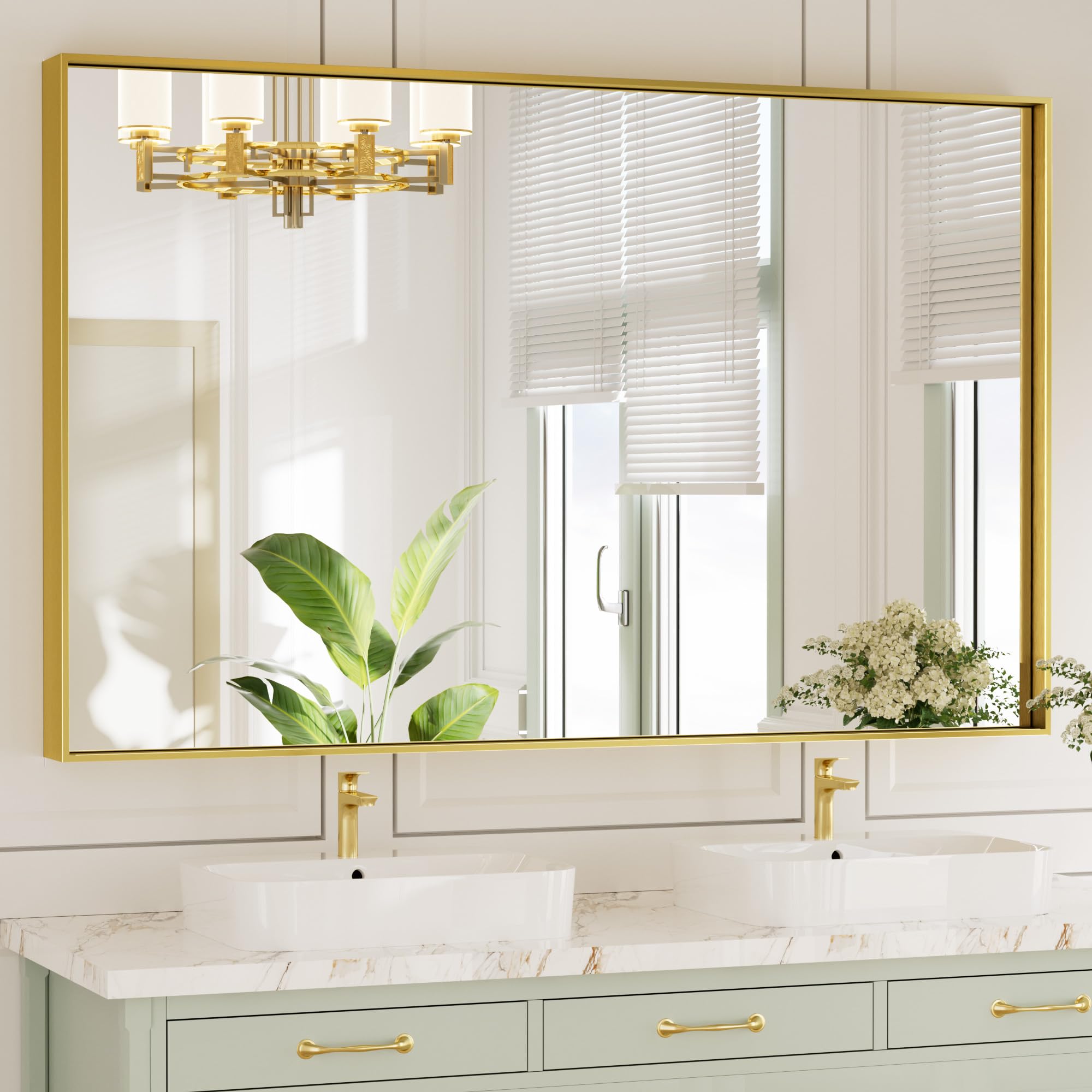Miroir de courtoisie doré avec cadre en métal brossé TETOTE pose horizontale ou verticale