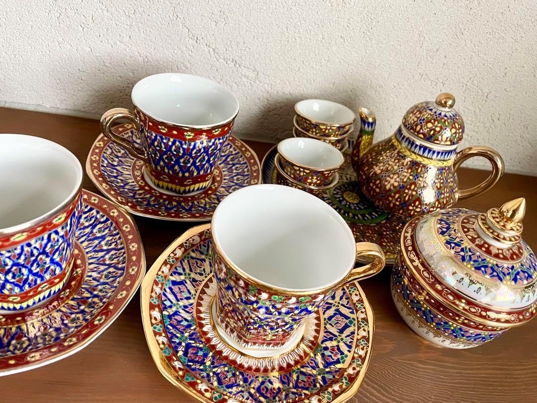 タイ王室御用達 ベンジャロン焼 カップ＆ソーサー4客 高級18K タイ王室