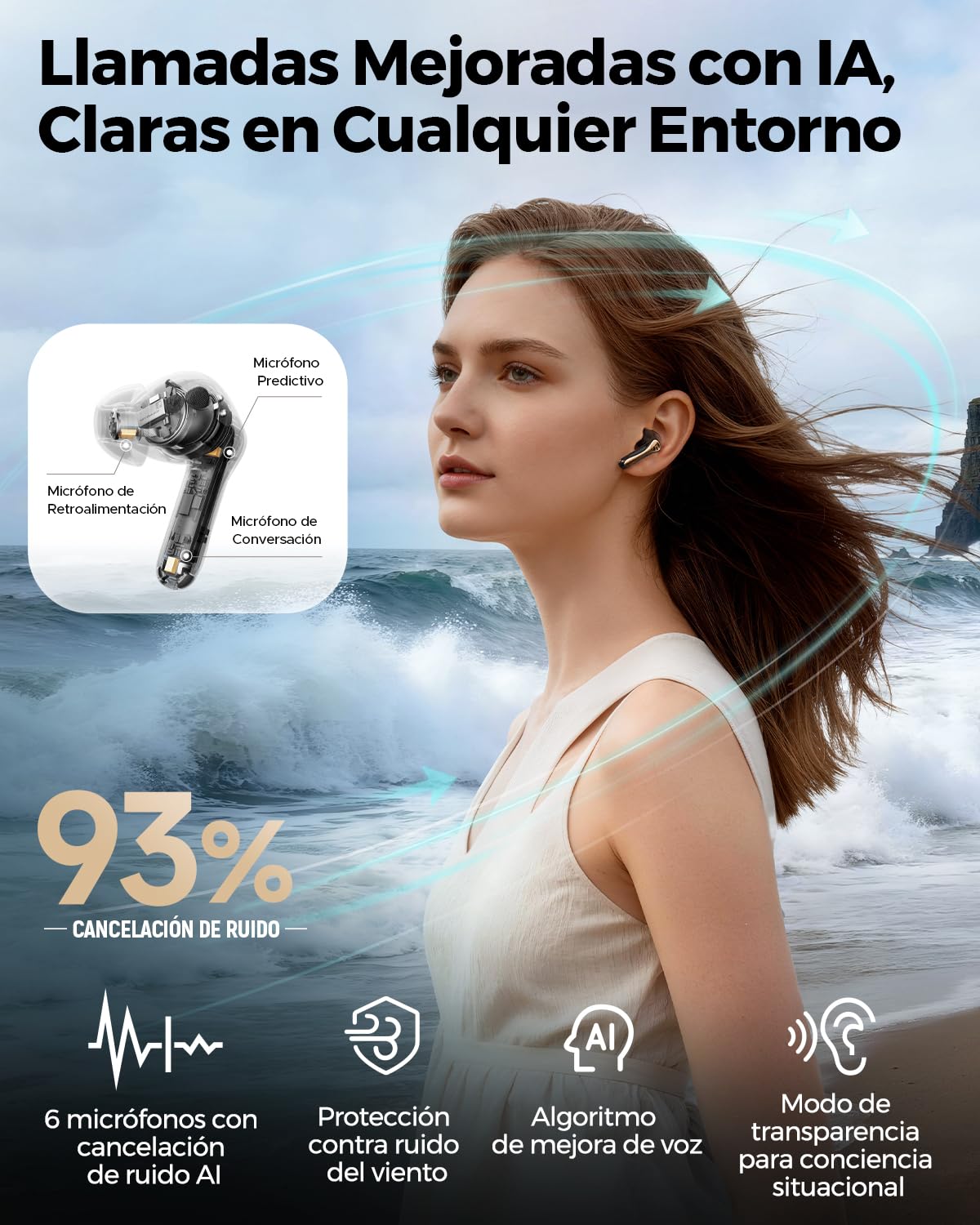 SoundPEATS Air5 Pro+ Auriculares Inalámbricos con Cancelación de Ruido, Unidad MEMS y Híbrida, Hi-Res Audio, LDAC y aptX Lossless, ANC adaptativo con IA, Llamadas con IA de 6 Mics, Multipunto, IPX5