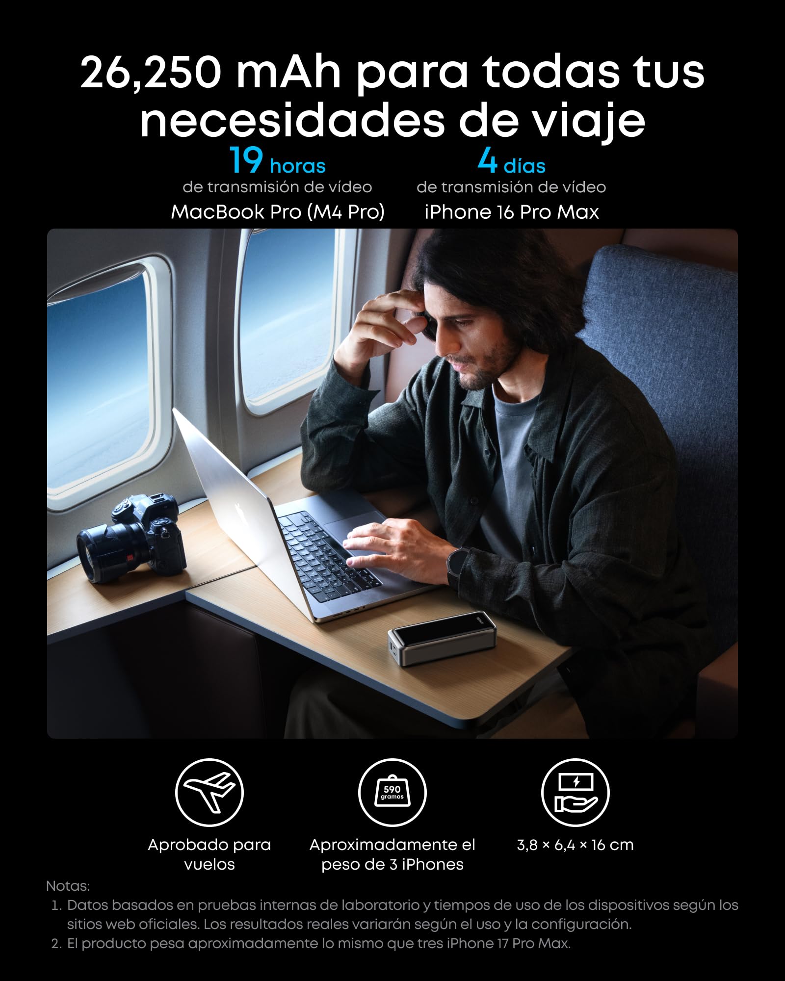 Anker Prime Power Bank 26.250 mAh, 300 W, 3 Puertos | Carga bidireccional, homologación TSA, control por app, para MacBook e iPhone 17/16. Base no incluida
