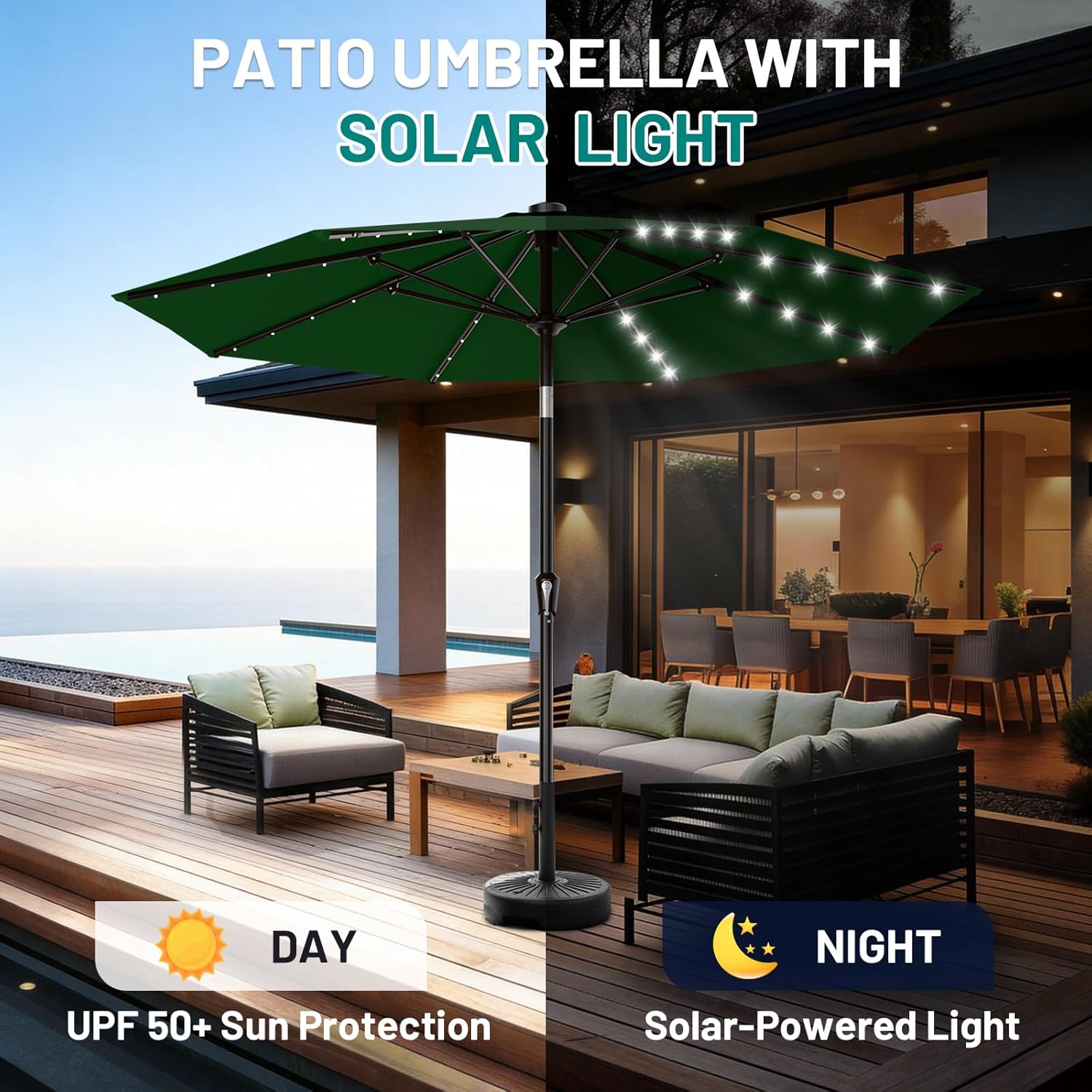 AreShark 9FT Patio Umbrella with Solar Lights, 32 Lighted Pool Umbrella w/Tilt and Crank, Outdoor Market Solar Umbrellas for Garden, Deck, Backyard, Pool and Beach, Dark Green