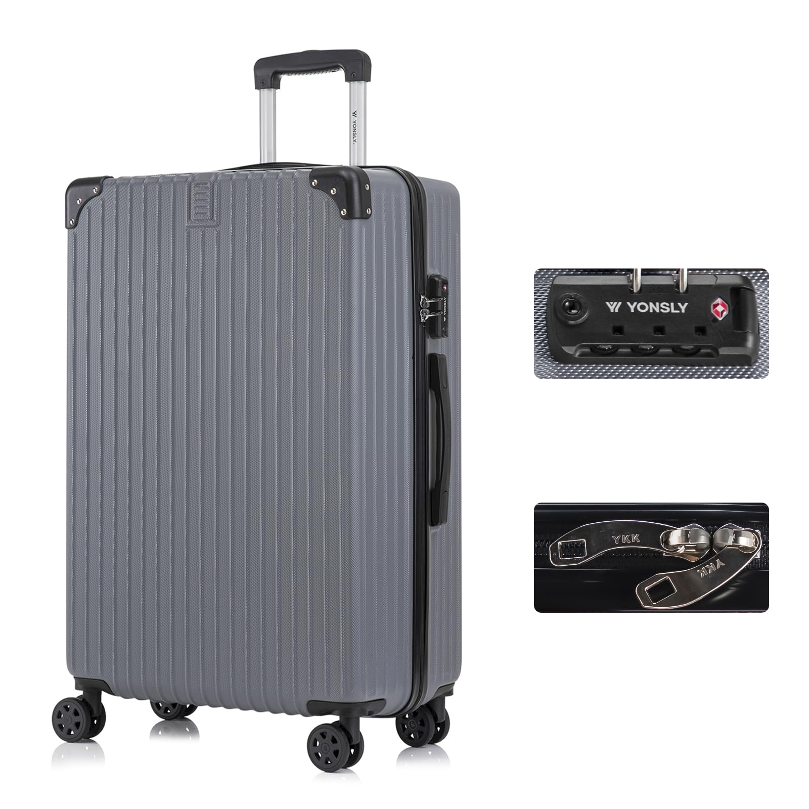 YONSLY Premium Reisekoffer TSA-Schloss,YKK-Reißverschluss Hartschalen-Koffer Trolley Rollkoffer Suitcase Handgepäck 4 Rollen (Grau, XL)