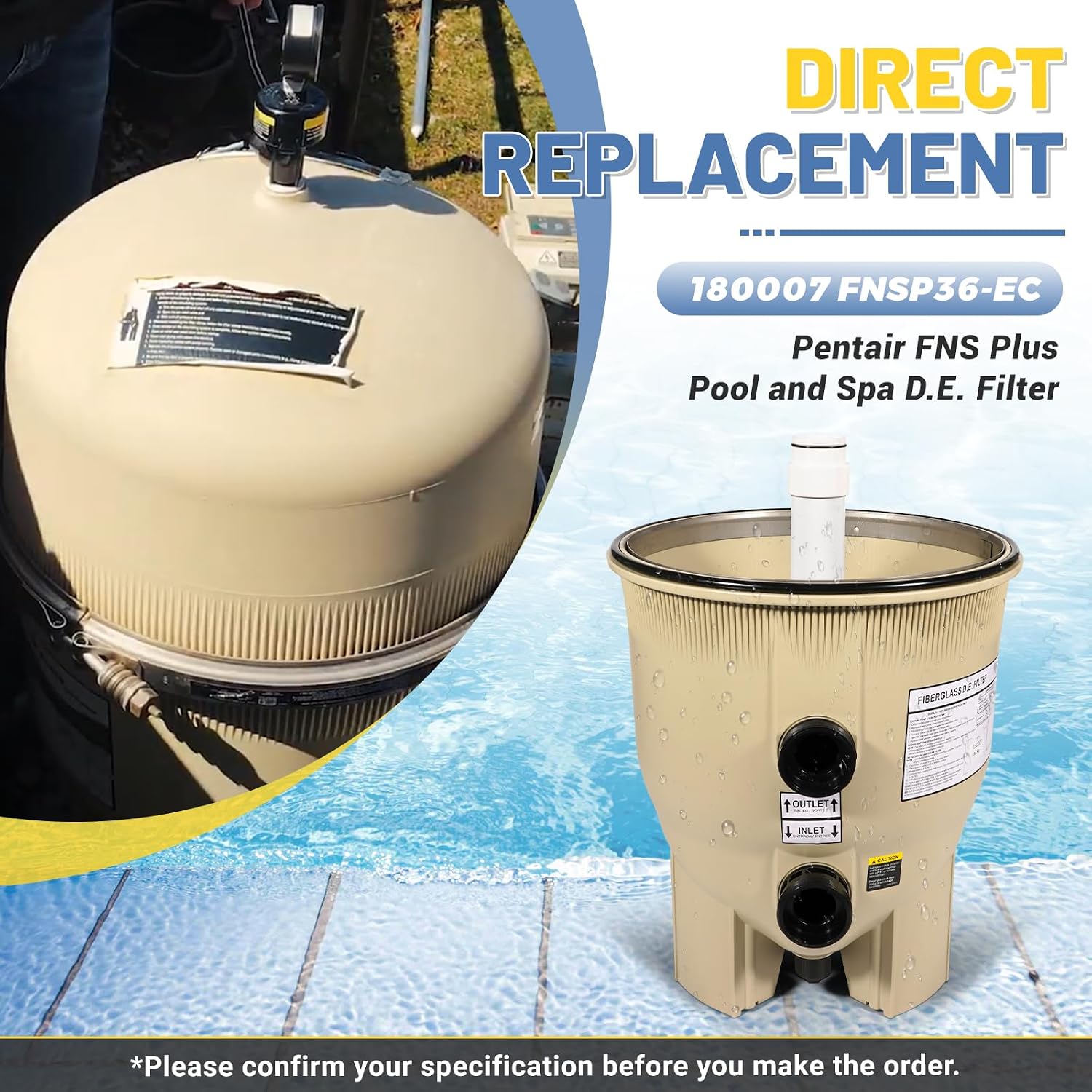 FNSP36-EC Pool Filter, 180007 Fit for Pentair FNS Plus Pool and Spa D.E. Filter | 36 Sq.Ft. 72GPM, Replace for EC-180007 Pentair Filter Assembly with Grid Cartridge & Gauges
