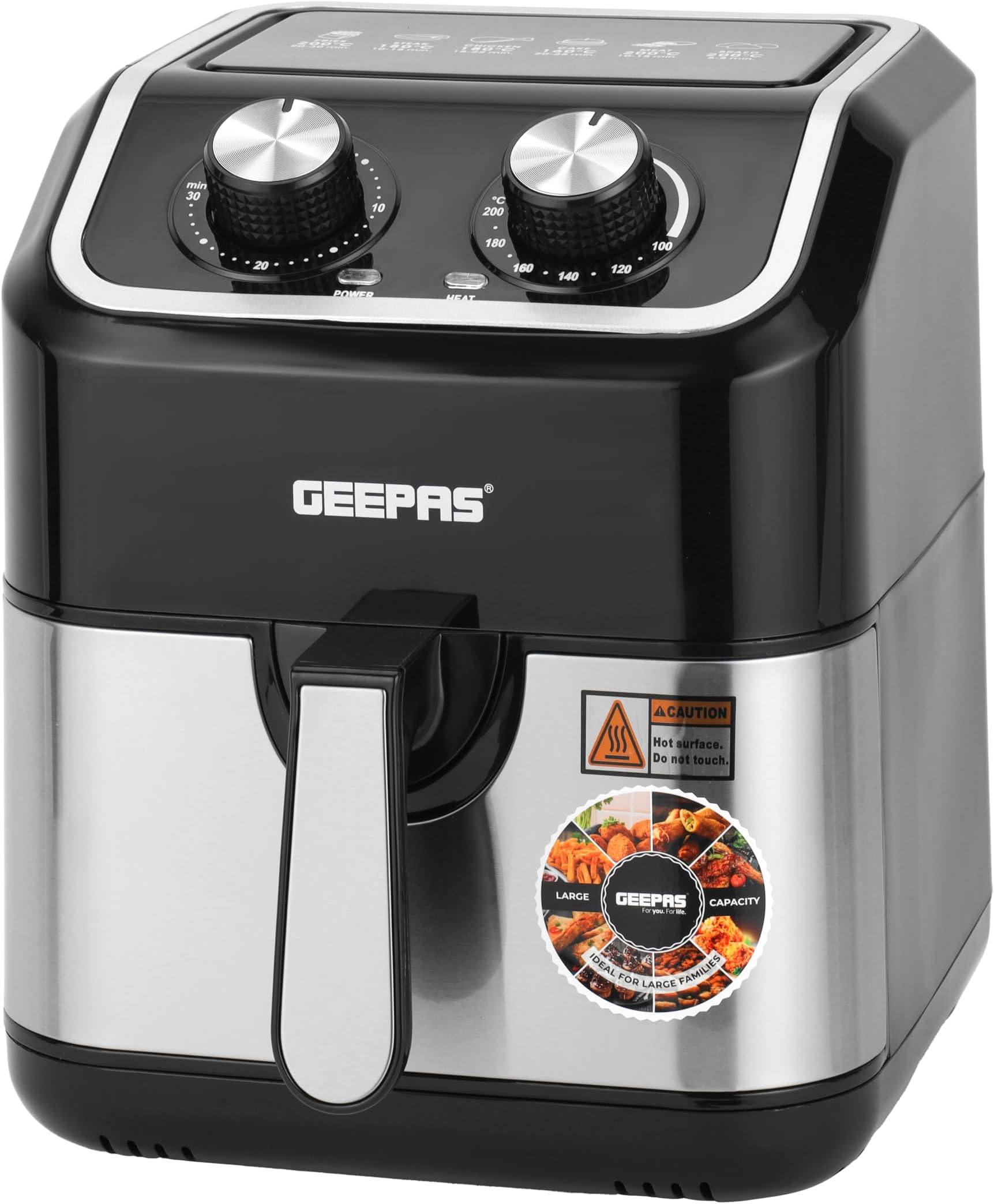 Geepas Vortex 5L Manual Air Fryer โ Convection Air Fryer, 30 Minutes Timer & Non-Stick Basket โ Oil Free Toaster Oven, 2 Years Warranty, 1600W, Black
