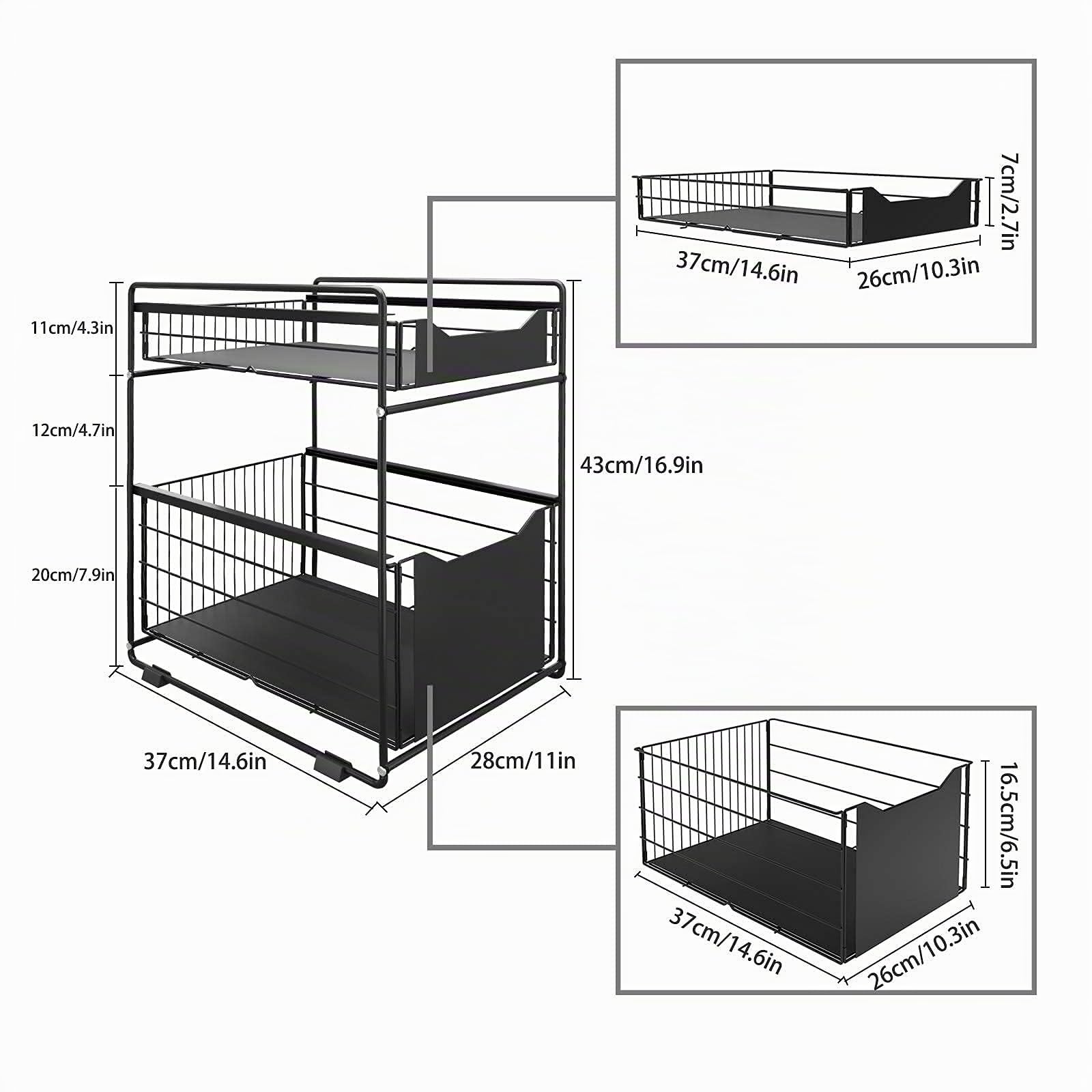 Organizzatore a 2 Ripiani con Cassetto Portaoggetti Sotto il Lavandino Scorrevole Cestino Estraibile Portaspezie Organizer per Snack per Cucina Bagno Camera da Letto-Nero