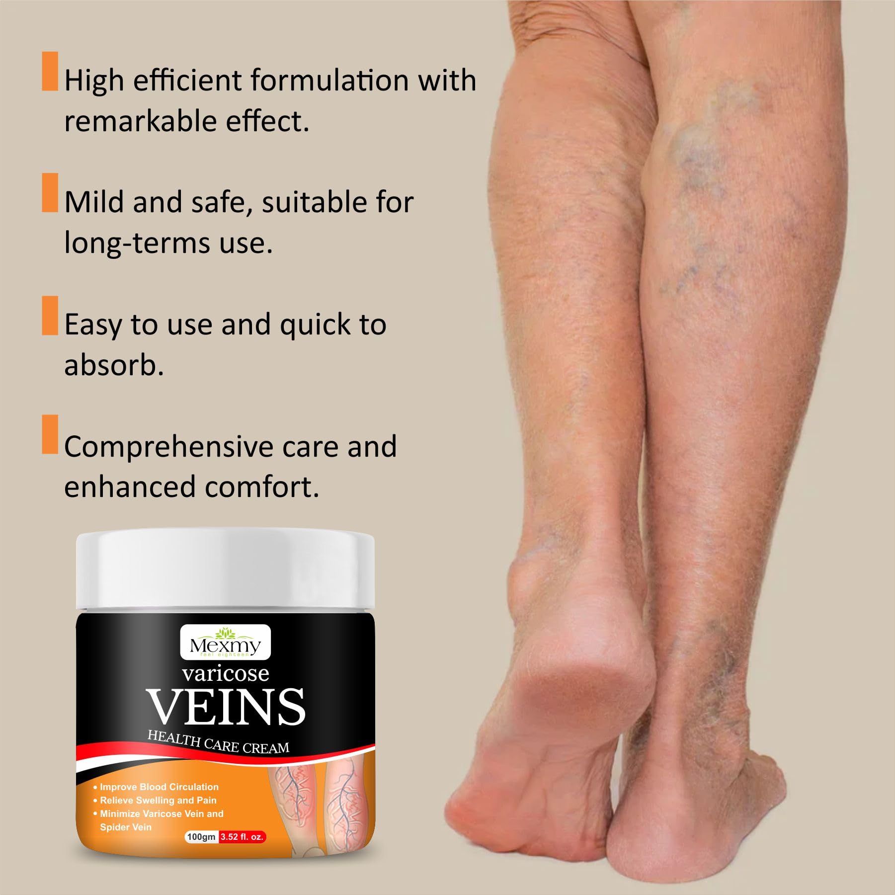 Mexmy Varicose Veins Cream for Legs | Natural Herbal Formula with Witch Hazel, Nilgiri, Aloe Vera & Vitamin E | Helps Reduce Appearance of Varicose & Spider Veins, Improves Circulation, Relieves Swelling, Pain & Fatigue | Fast-Absorbing Moisturizing Leg Cream (100, Grams) — Amazon image 3