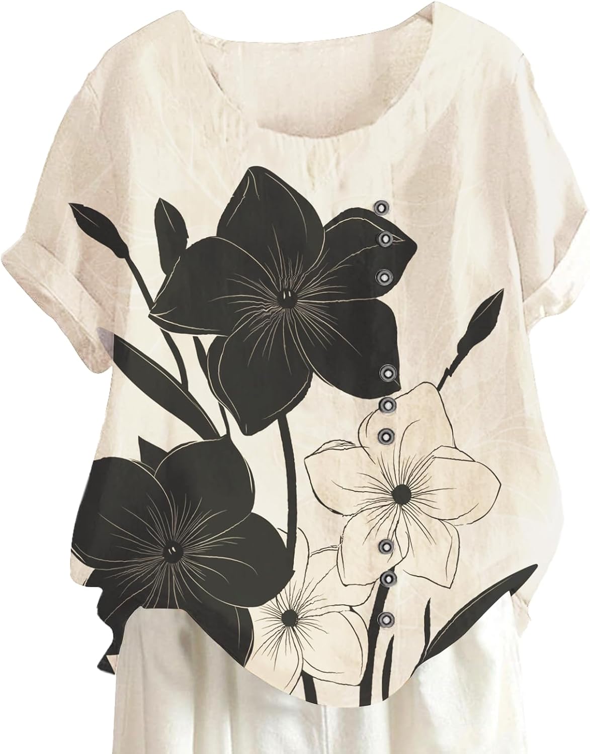 Summer Women’s Love Plant Floral Print Graphic T-Shirts Button Decor Bohe Style Short Sleeve Casual Classic Top