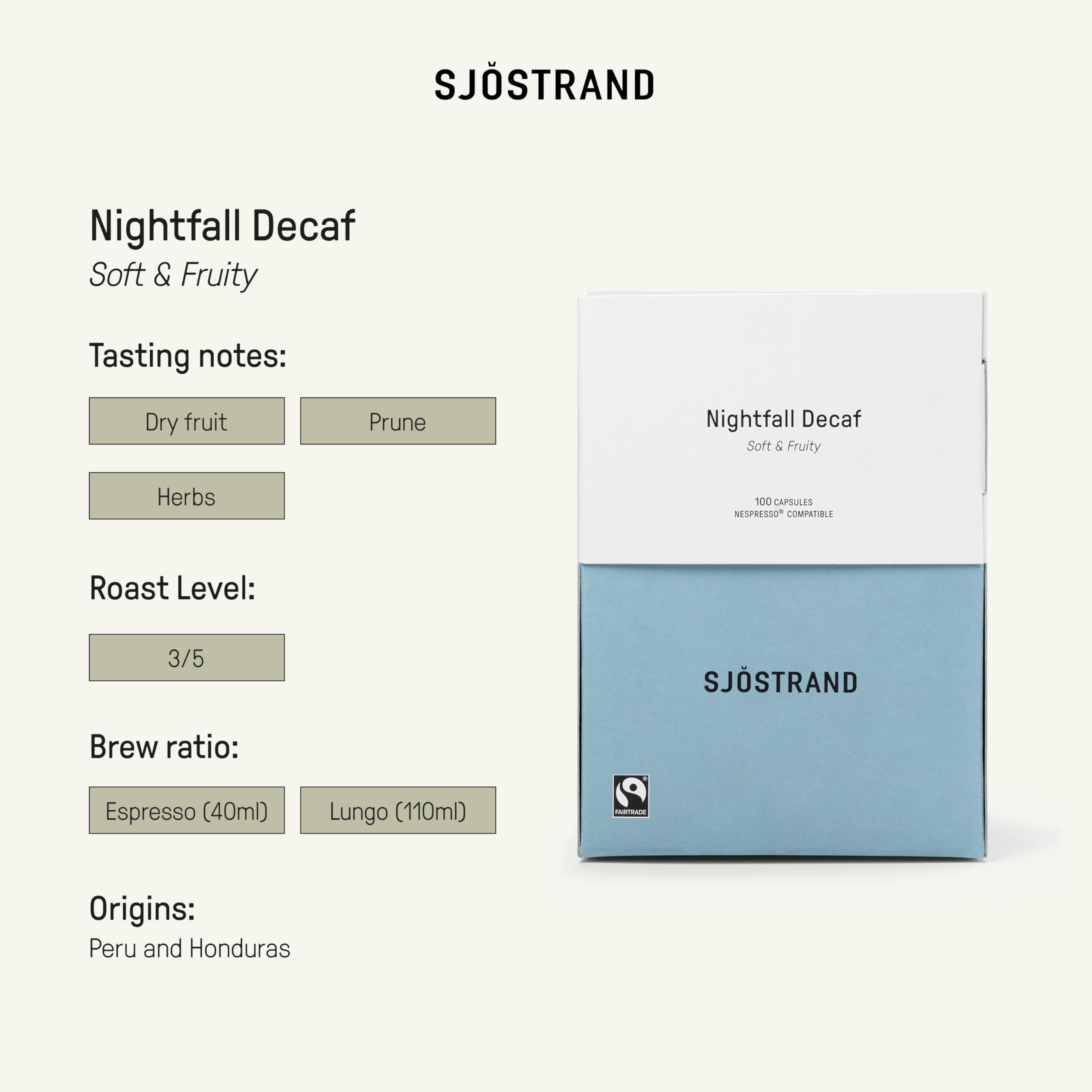 Sjöstrand Coffee Concept Nightfall Decaf – Organiczne kapsułki z kawą, kompatybilne z Nespresso, 100 kapsułek, kompostowalne, Fairtrade.
