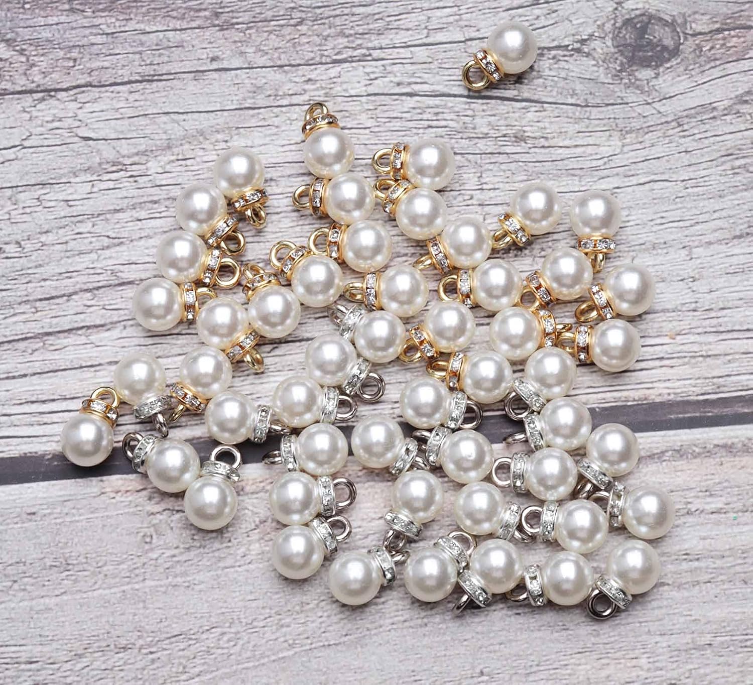 Ruwado Faux Pearl Beads with Rhinestone 25 Pcs Gold 25 Pcs Silver with Hole Vintage 8 mm Elegant Imitation Peal Pendant Charms for Dangle Earrings Necklace Bracelet DIY Jewelry Making Accessories