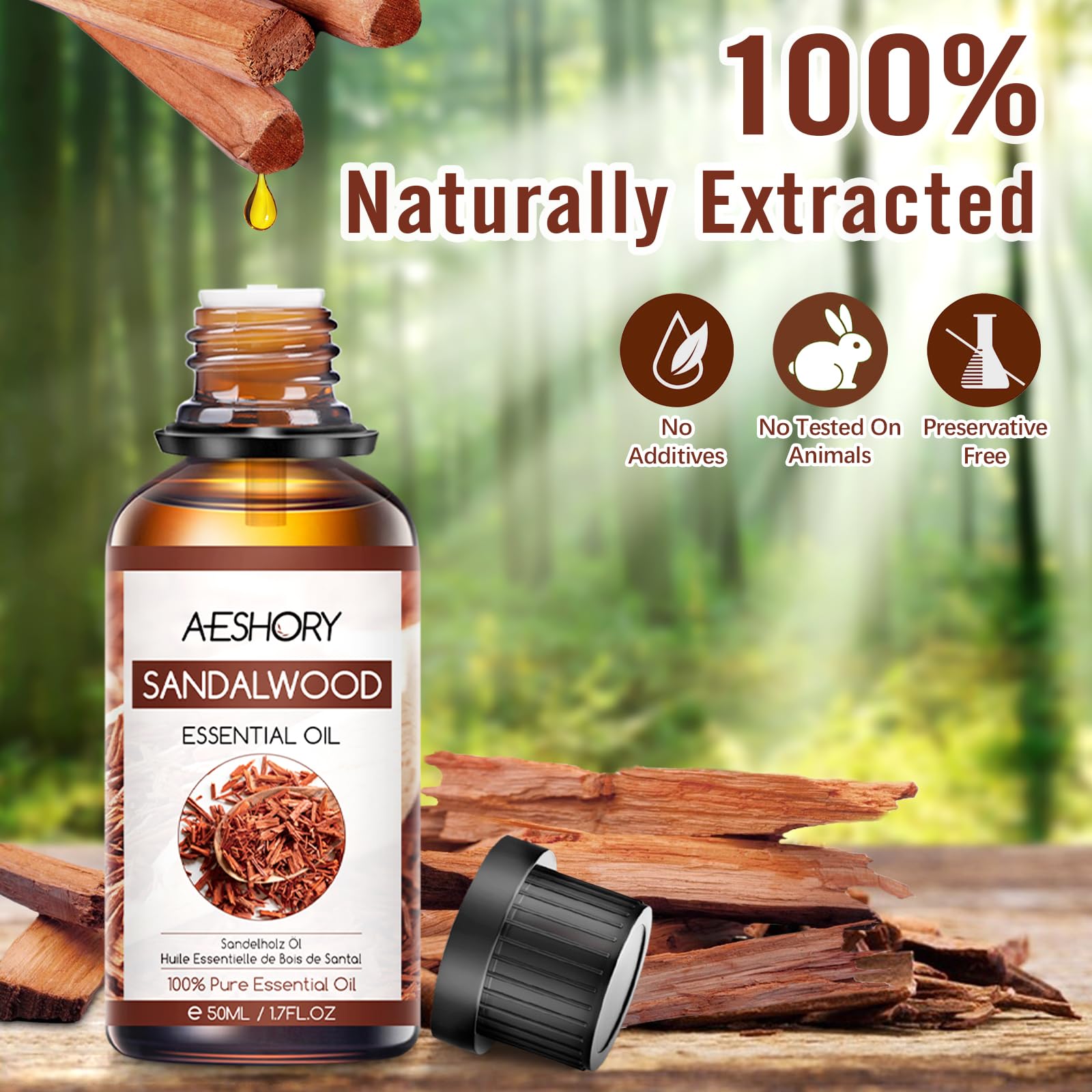 AESHORY Aceite Esencial de Sándalo 50ML, Natural Aceite de Aromaterapia de Sándalo, Aceites de Fragancia Premium para Humidificador Difusor, Masaje, Baño, Cuidado la Piel, Relajación y Calma