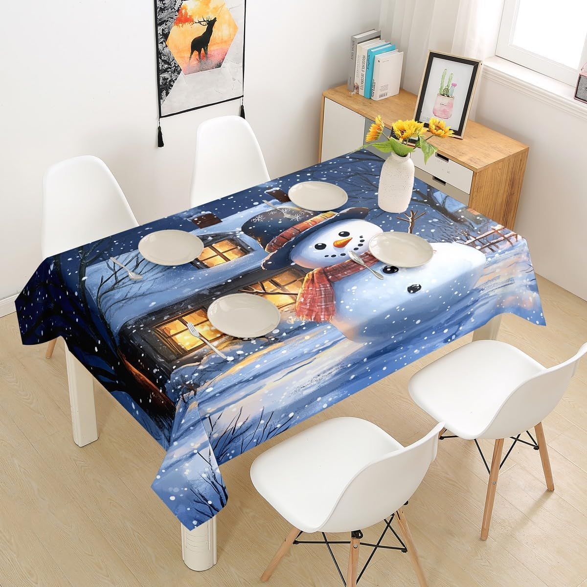 Tovaglia Antimacchia Rettangolare Simpatico Pupazzo di Neve, Tovaglie da Tavolo Impermeabile Poliestere Inverno 3D, per Natalizia Cucina Feste Giardino, 200x200 cm A/B3992