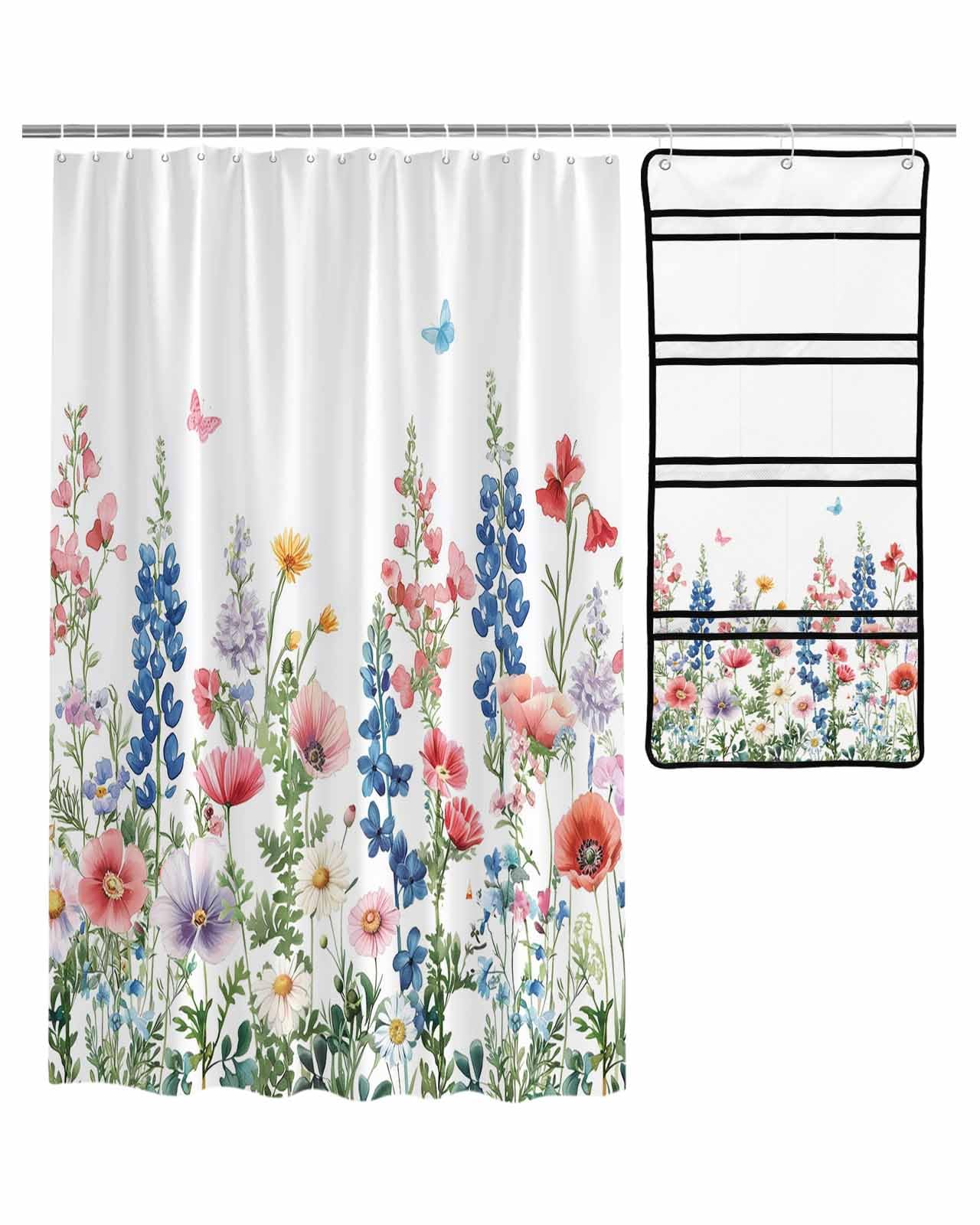ZFUNCING Shower Curtain Mesh Shower Organizer Set Watercolor Rustic Floral Butterfly Waterproof Bath Curtains Hanging Shower Caddy Bathroom